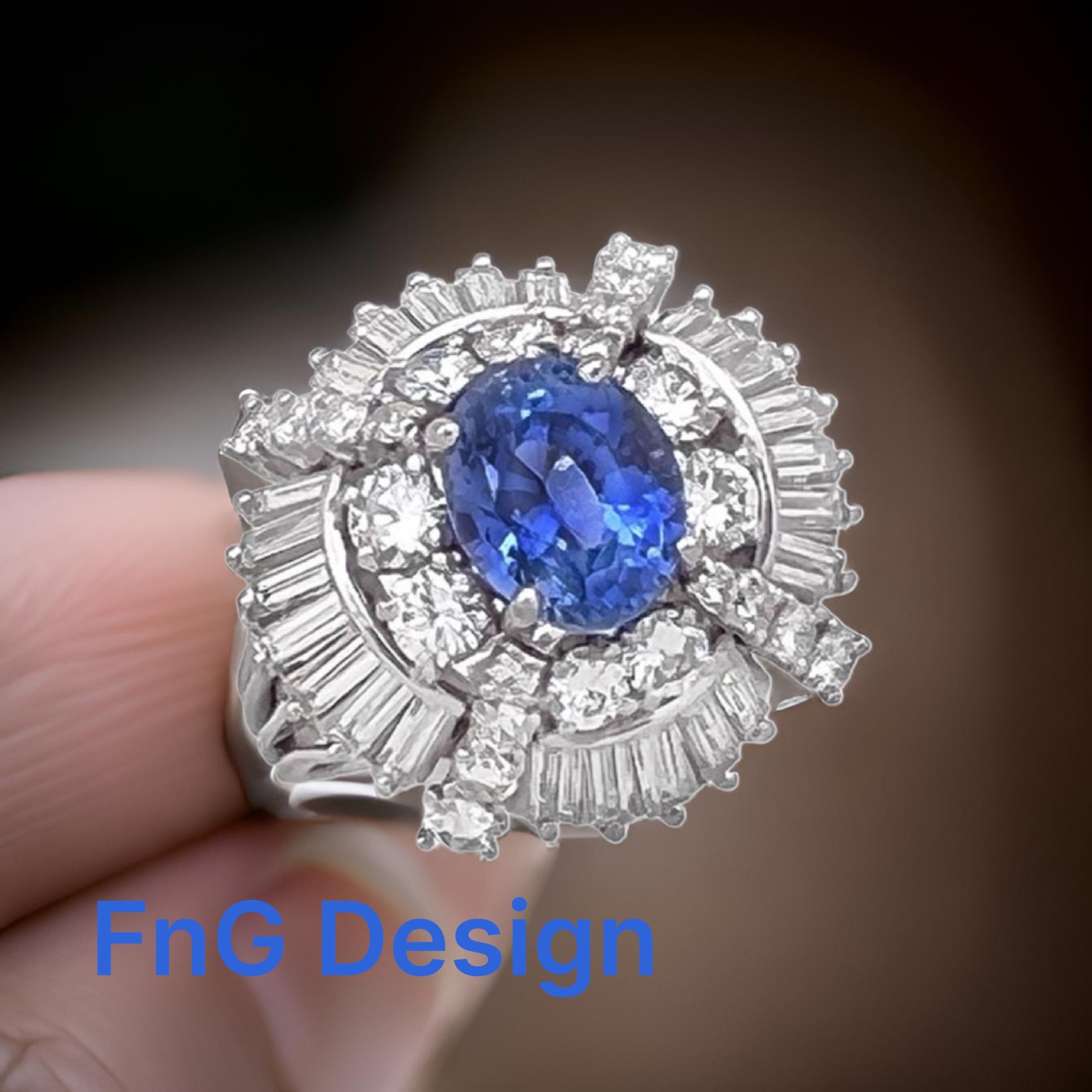4.45Cts Sapphire Heated(Med Violetish-Blue) 5.61Cts Diamonds Cert. Platinum Ring