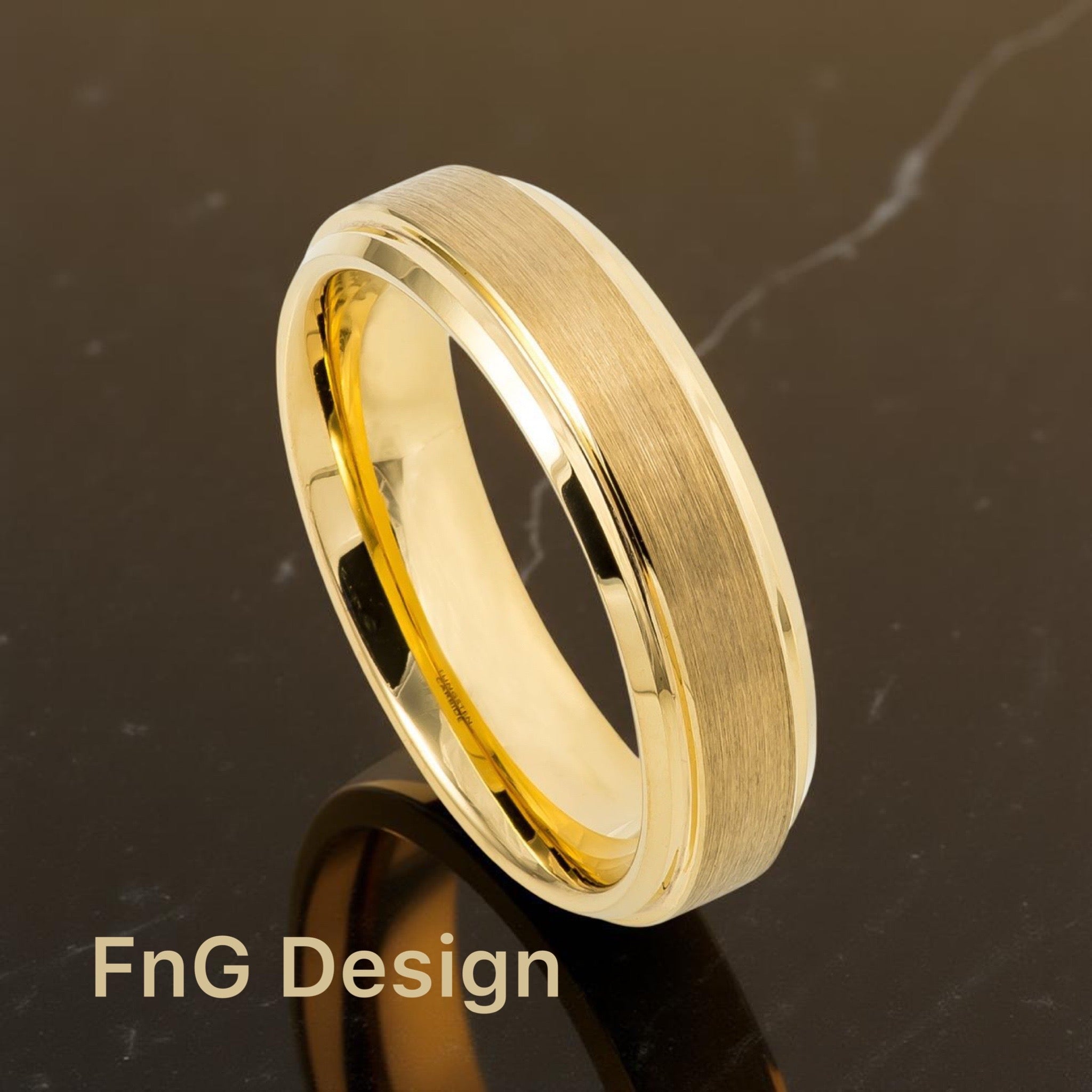 Gold Tungsten Carbide 6mm ion Plating Flat Brushed Stepped Edge Ring