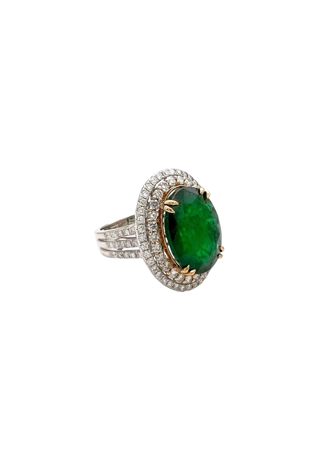 10.21 Carats Brazilian Emerald F2 (Certified) & 2.03 Carats Diamonds Double Halo Ring – 14K White & Yellow Gold Ring