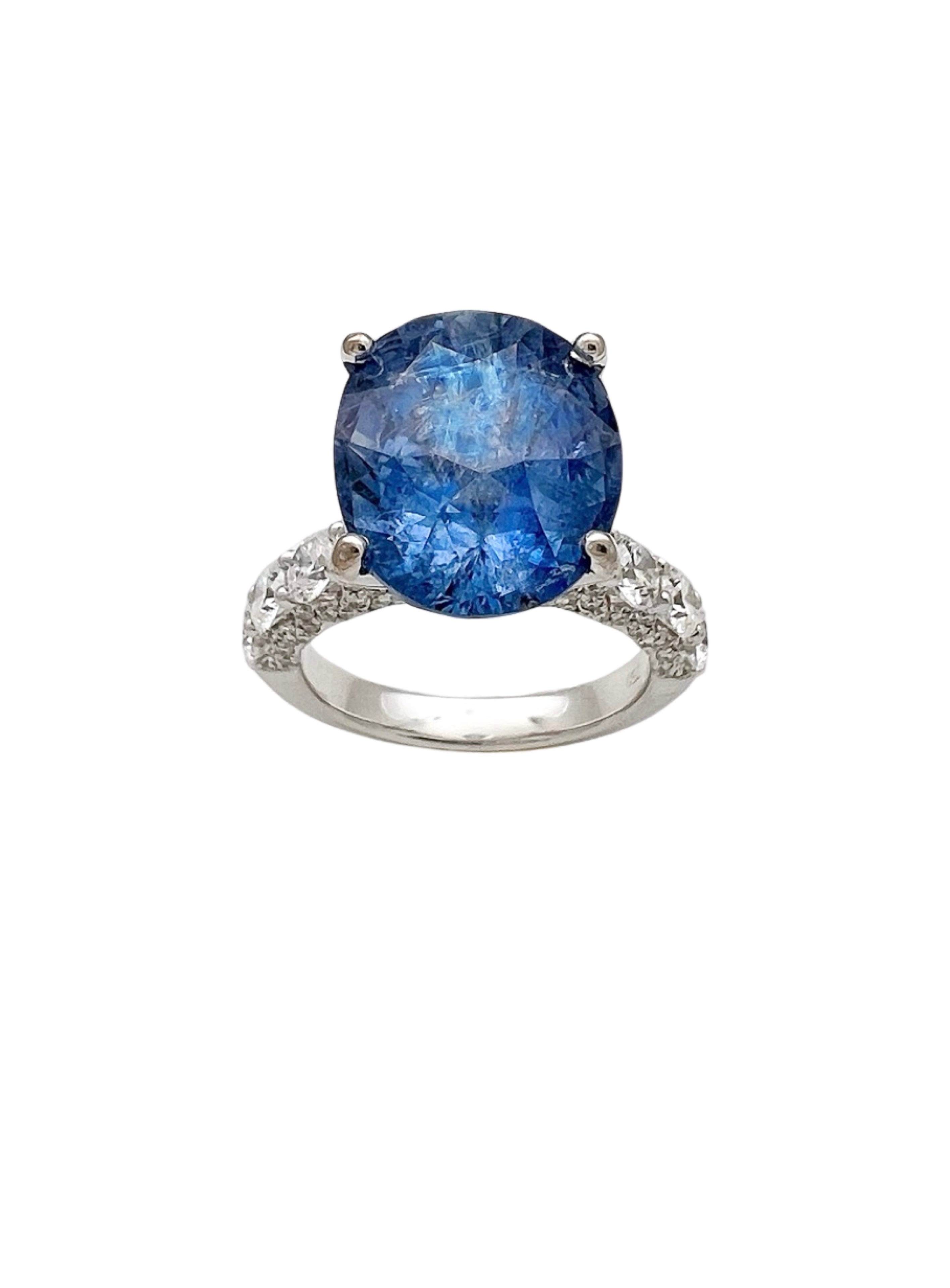 8.90Cts Unheated Lt-Med Blue Sapphire W/ 1.76Cts Diamond 18K White Gold Ring