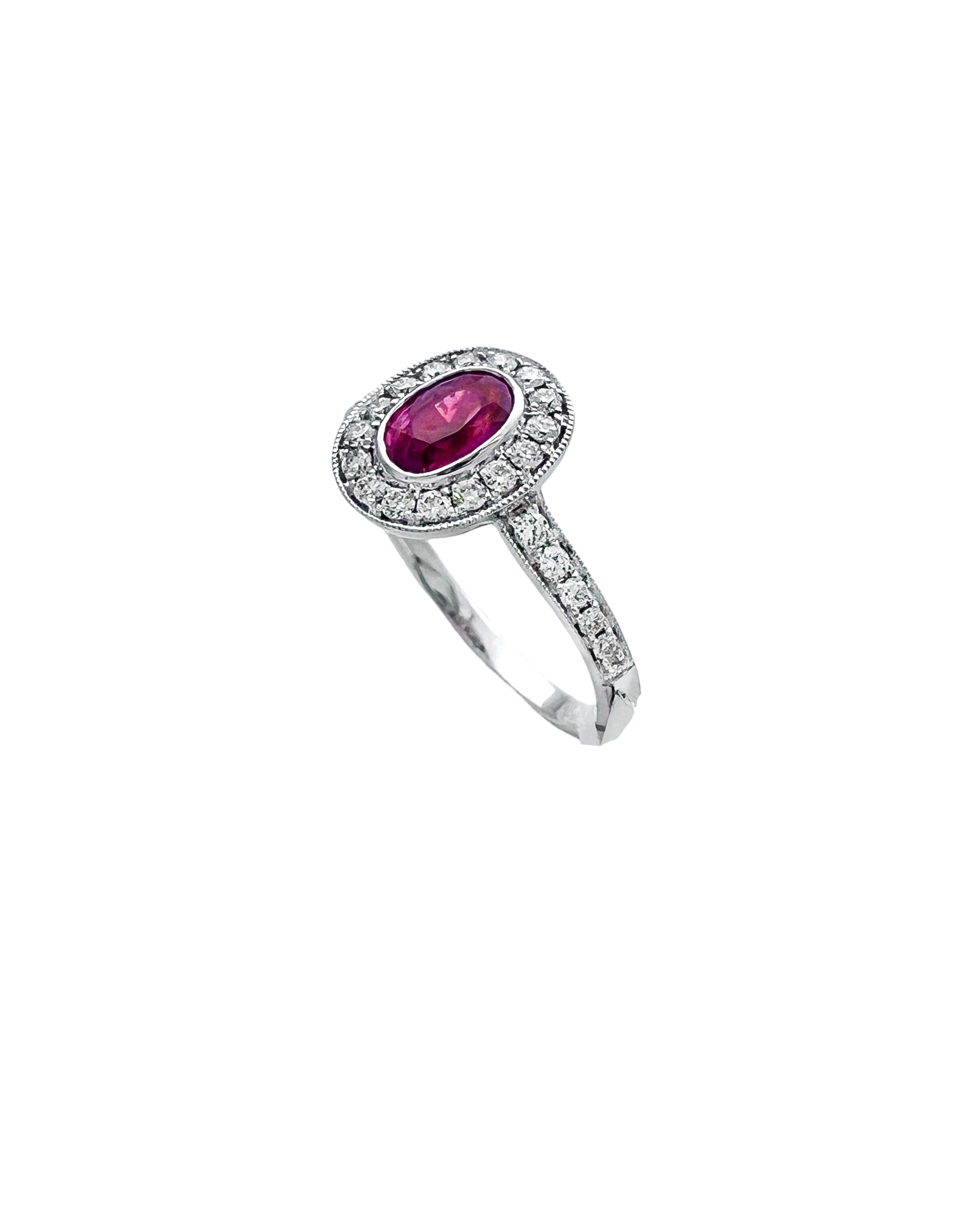 0.29 Carats Diamond VS2 & 0.76 Carats Red Ruby Set In 14 Karat White Gold Ring
