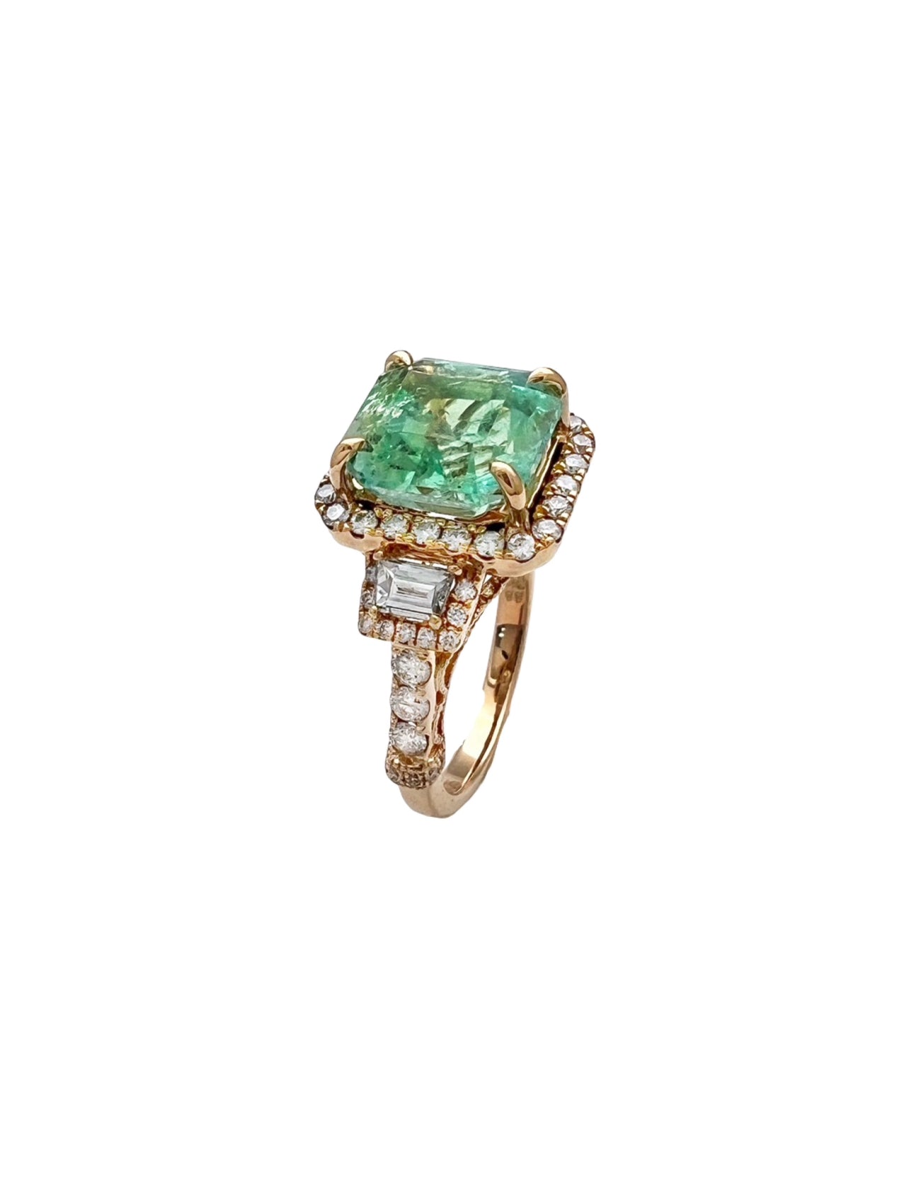 4.19 Carats Colombian Emerald No Oil (Certified) & 1.13 Carats Diamonds VS2 Set In 14 Karat Yellow Gold Ring