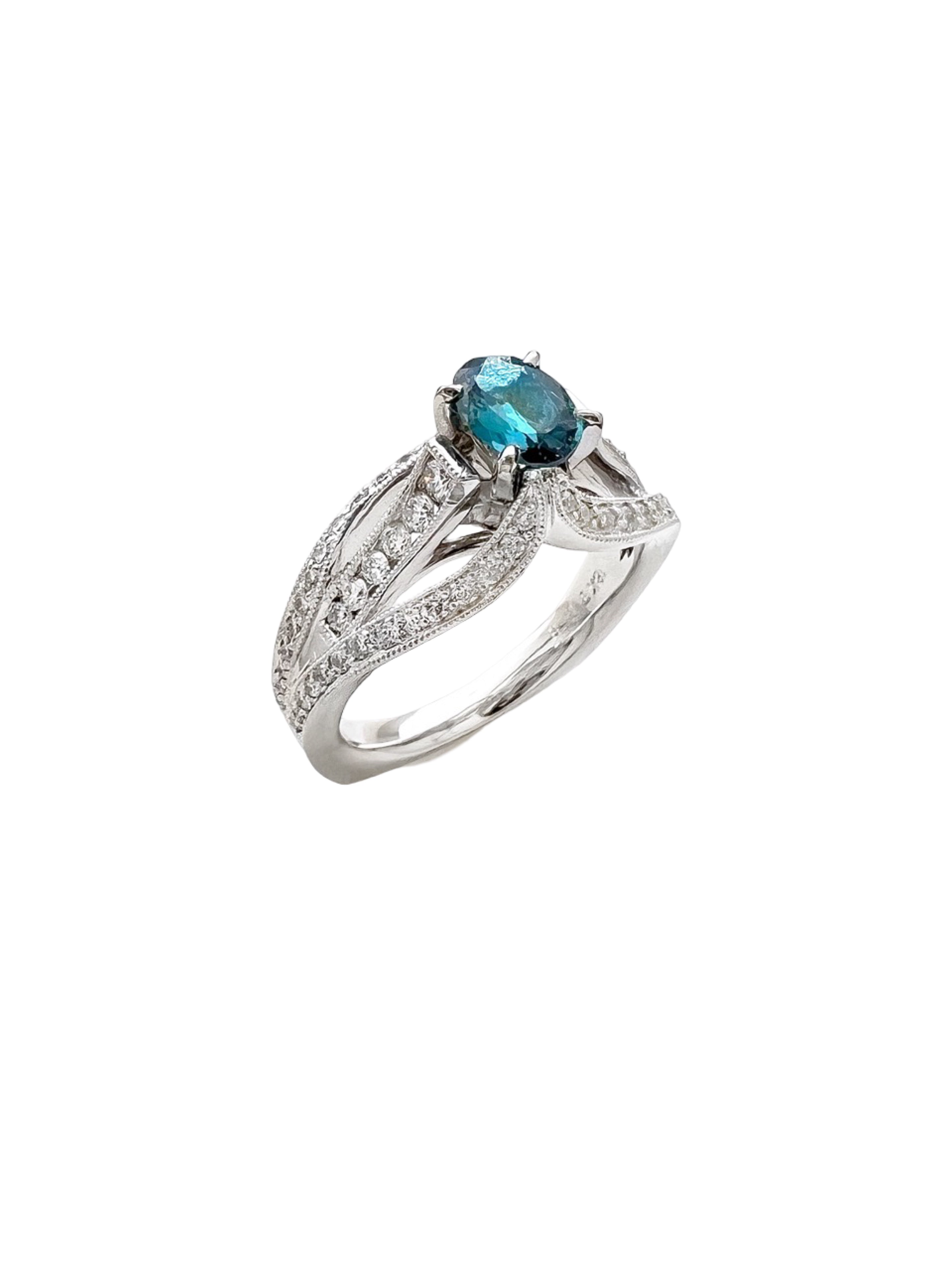 0.55 Carats Alexandrite GIA (Certified) & 0.94 Carats Diamonds Set In 18K white Gold Ring