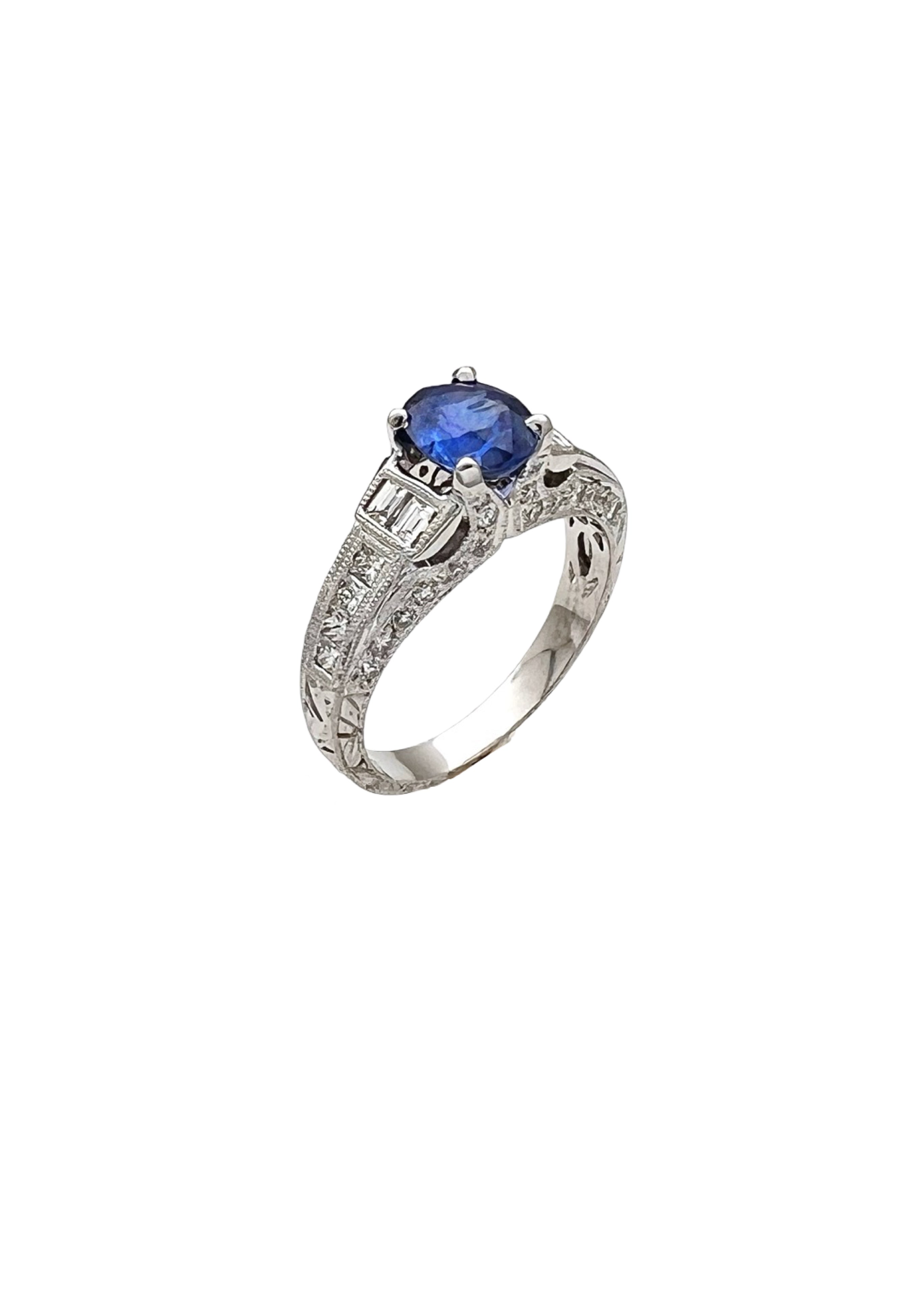 1.141Cts Medium-Dark Blue Sapphire Cert. W/1.02Cts Diamond 14K White Gold Ring