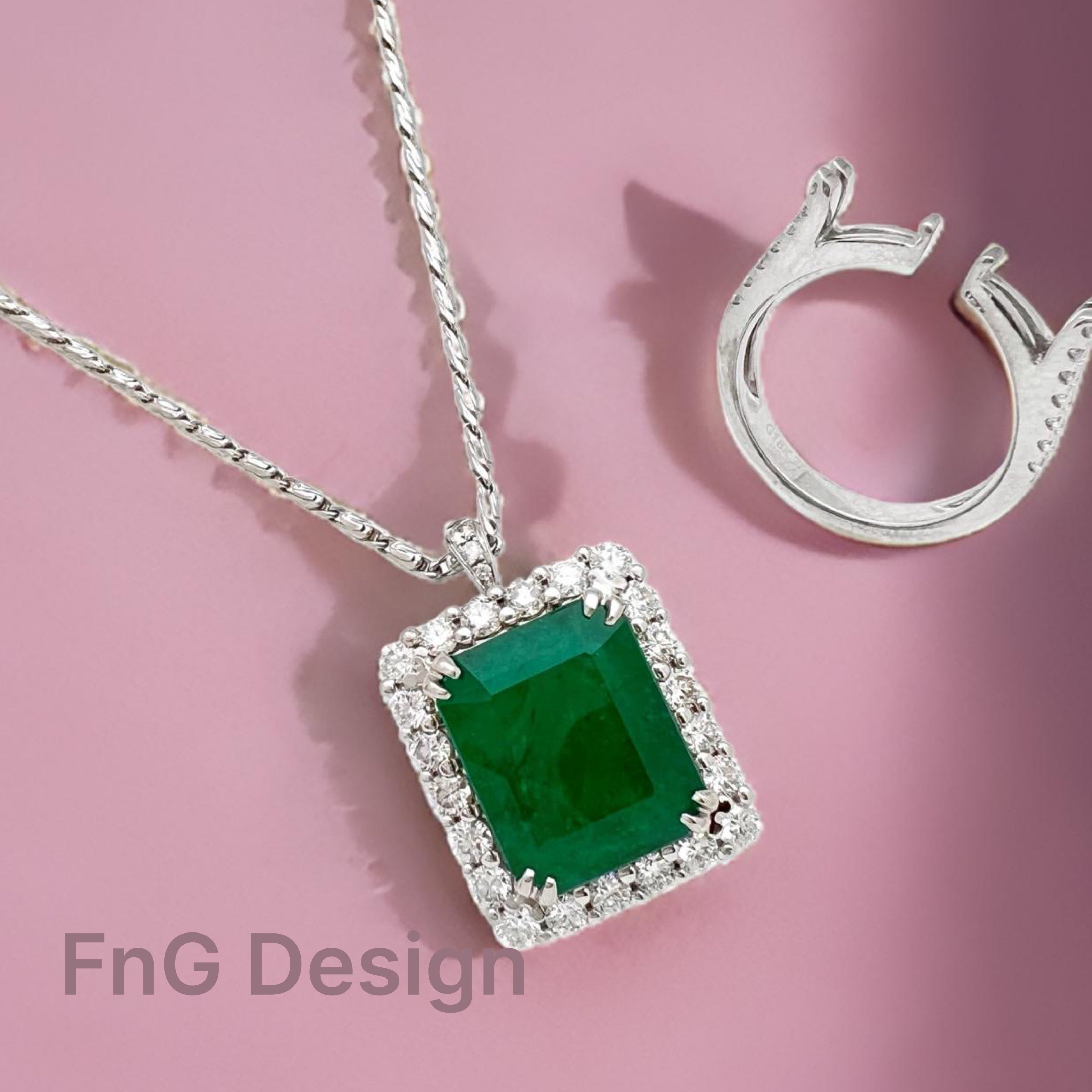 9.508 Carats  Emerald No-Oil  Brazilian (Certified) & 2.12Cts Diamonds Set In 18 Karat White Gold Ring Or Pendant