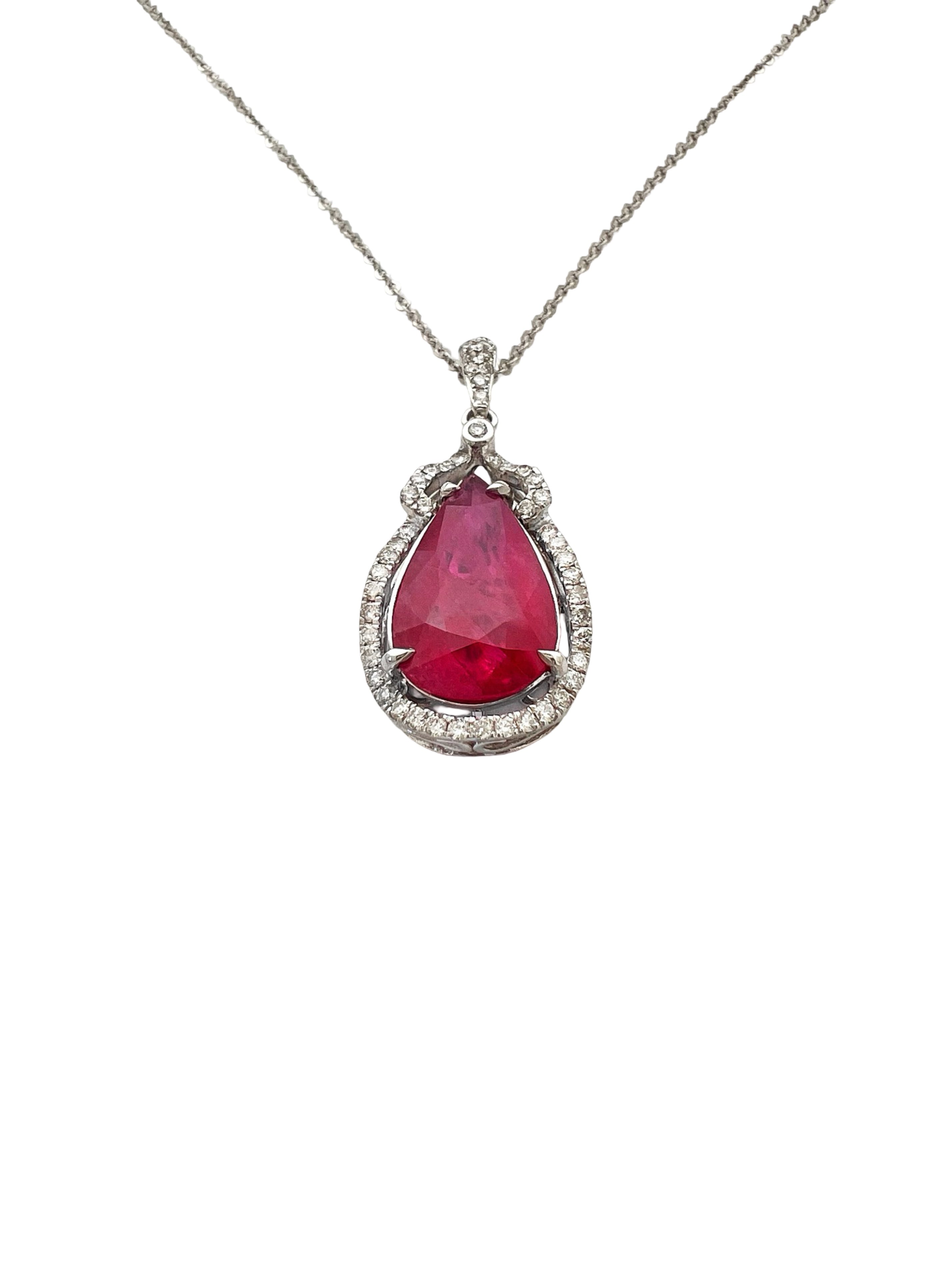 3.11 Carats Ruby Heated GIA (Certified) & 0.51 Carats Diamonds VS2 Set In 14 Karat White Gold Pendant With 14 Karat Chain 18 Inches