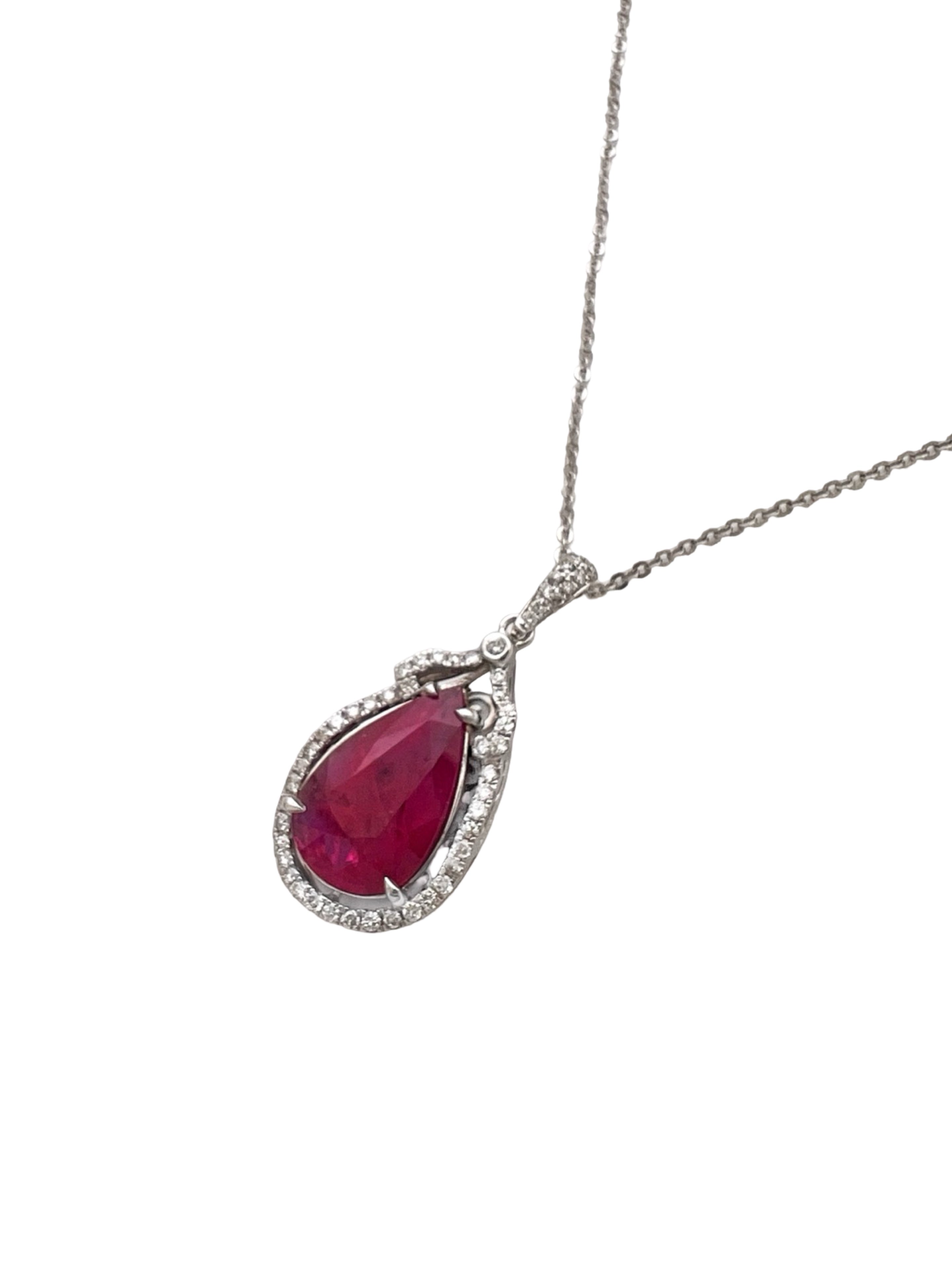 3.11 Carats Ruby Heated GIA (Certified) & 0.51 Carats Diamonds VS2 Set In 14 Karat White Gold Pendant With 14 Karat Chain 18 Inches