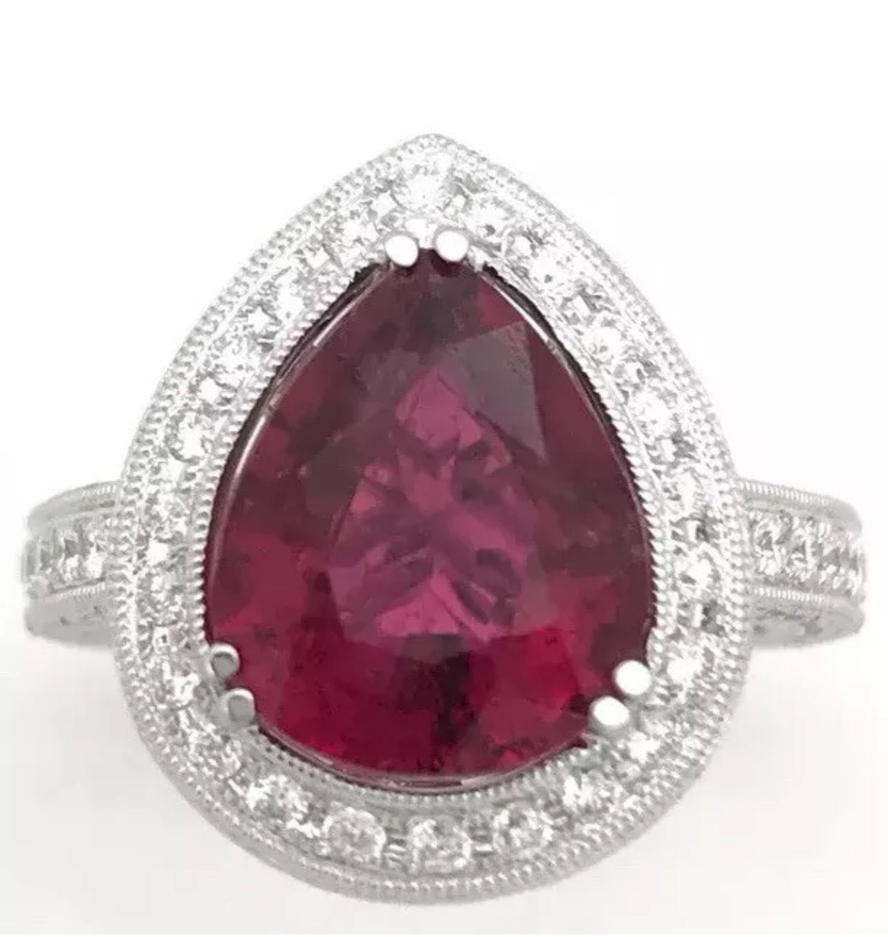 3.88Cts Rubellite Tourmaline (Certified) W/ 2.10Cts Diamonds 18K White Gold Ring