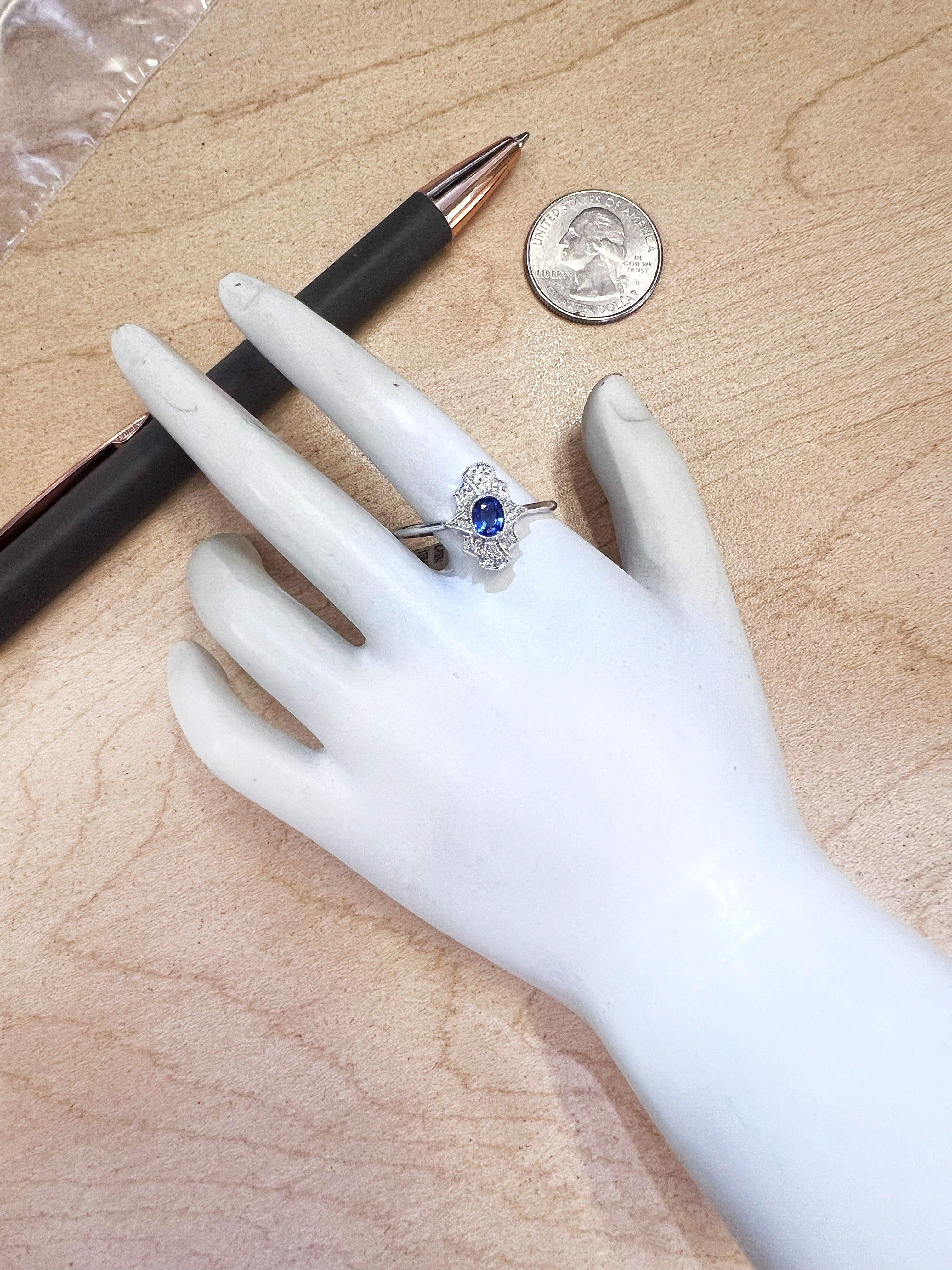 0.11 Carats Diamond VS2 & 0.57 Carats Blue Sapphire Set In 14 Karat White Gold Ring