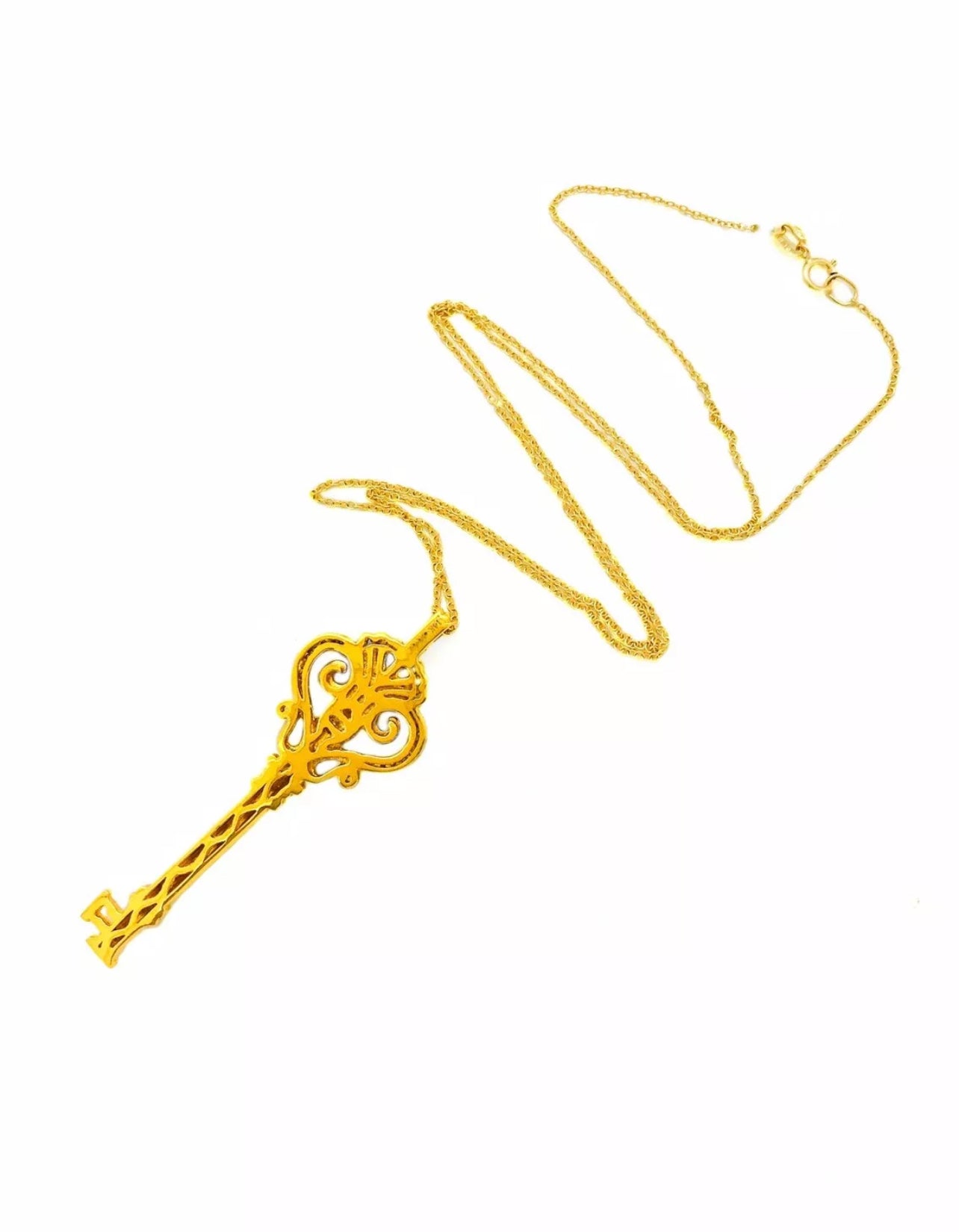0.12 Carats Diamonds 14K Yellow Gold “Love” Key Pendant & Chain