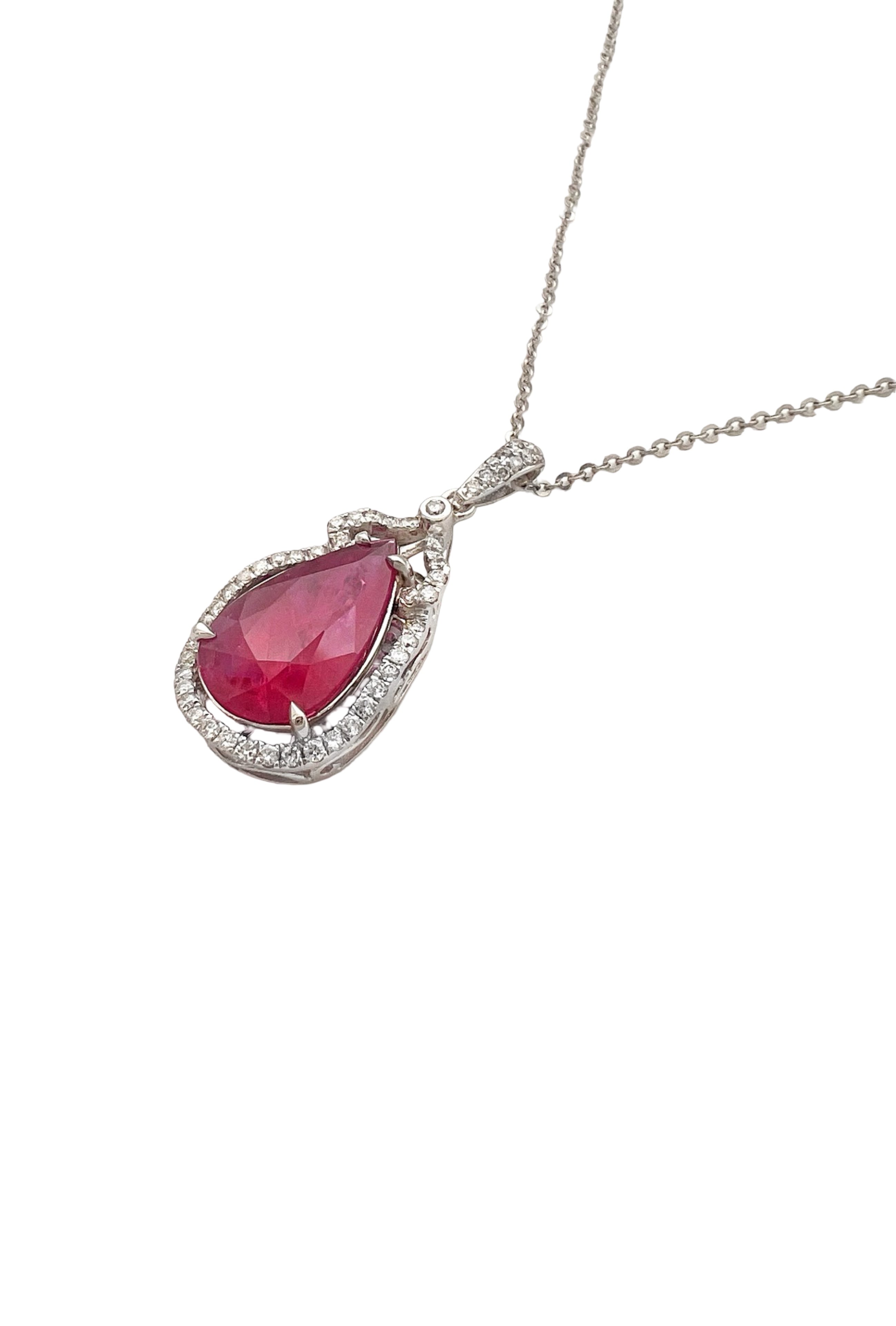 3.11 Carats Ruby Heated GIA (Certified) & 0.51 Carats Diamonds VS2 Set In 14 Karat White Gold Pendant With 14 Karat Chain 18 Inches