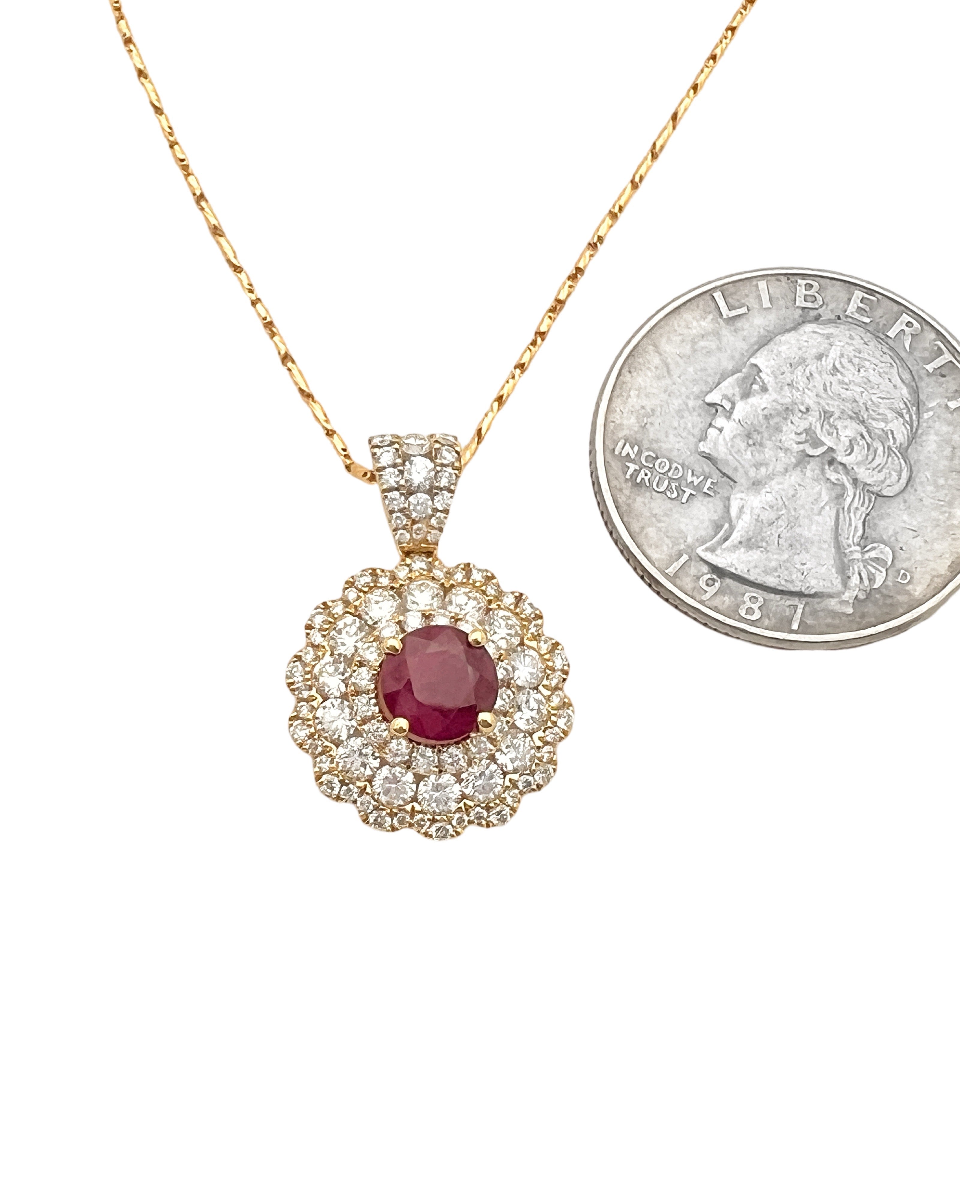 1.101 Carats Certified Burma Ruby & 1.70 Carats Diamonds, 18K Yellow Gold Pendant & Chain