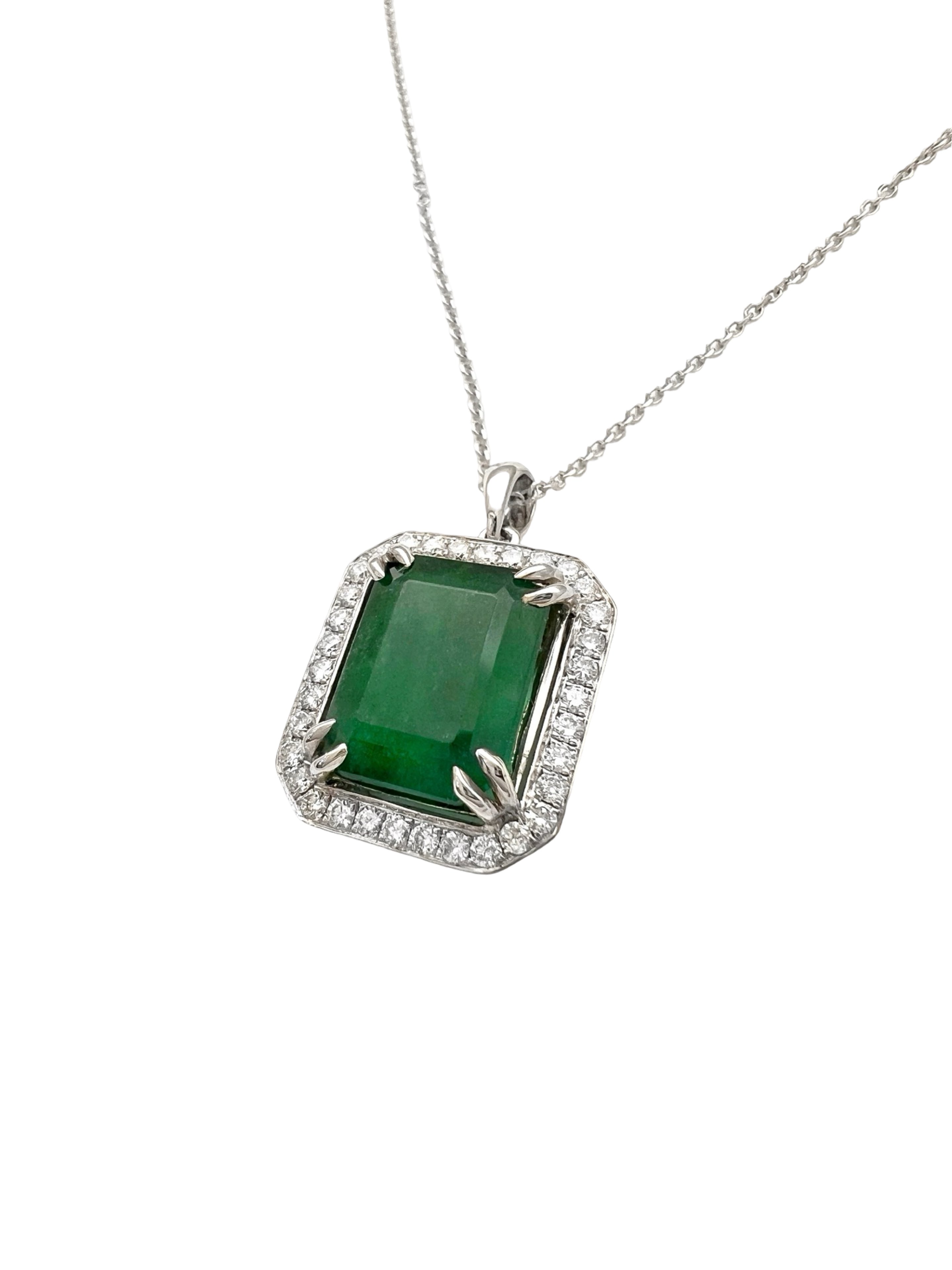 6.05 Carats Brazilian Emerald No-Oil (Certified) & 0.55 Carats Diamonds VS2 Set In 14 Karat White Gold Pendant Includes 14 Karat Chain 18 Inches