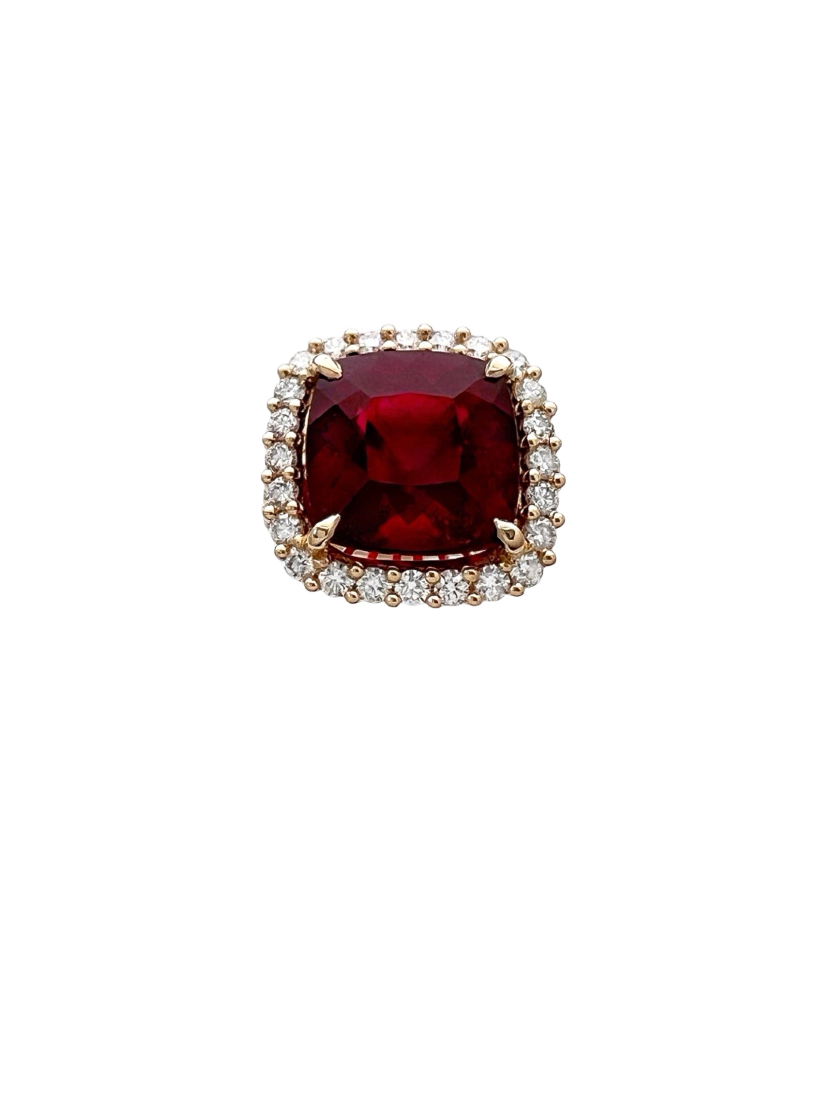 11.95 Carats Rubellite Tourmaline (Certified) & 1.76 Carats Diamonds VS2 Set In 14K Yellow Gold Ring