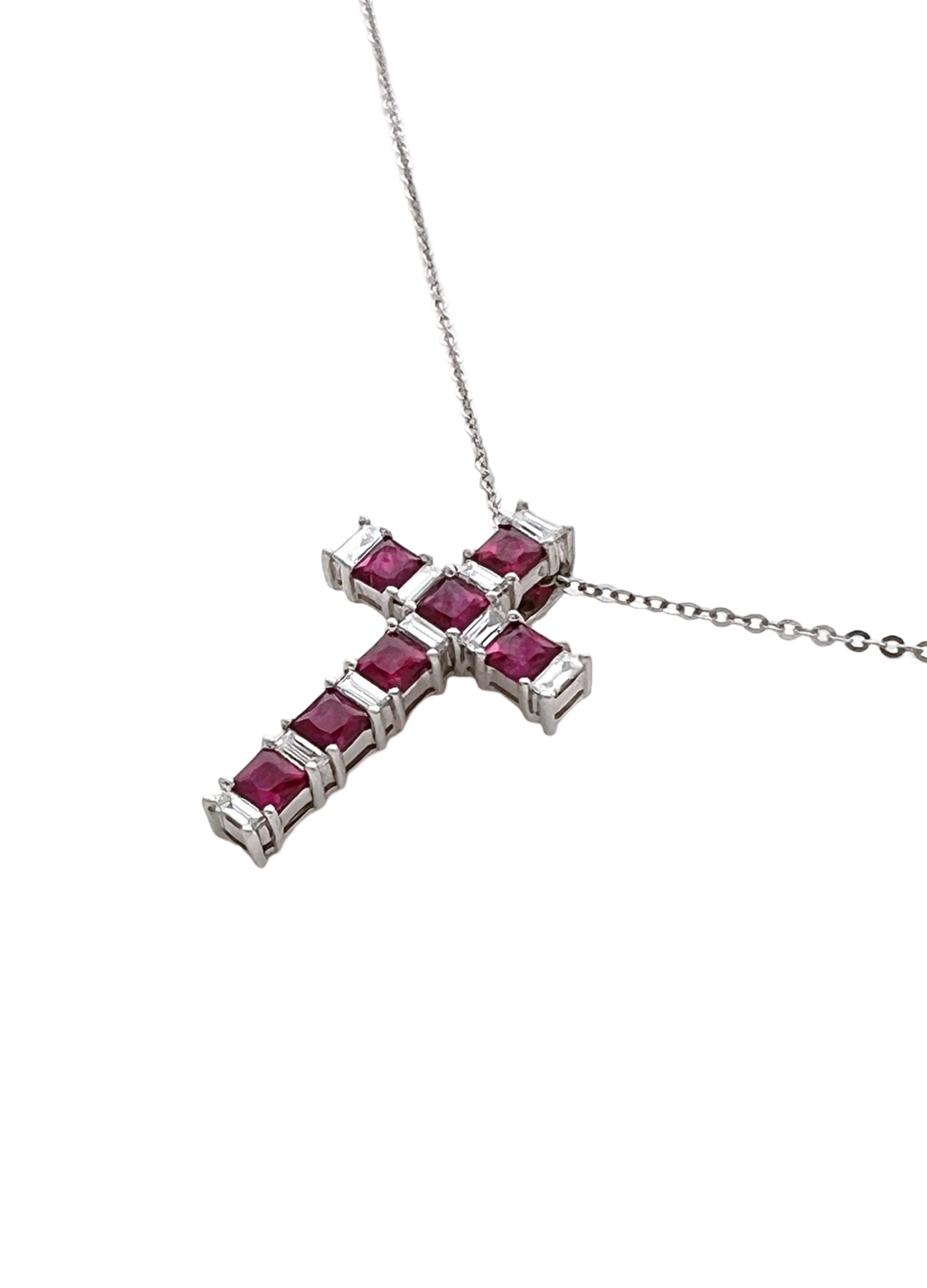1.08Cts Rubies Burma(Certified) & 0.38Cts Diamonds 14K White Gold Cross W/Chain