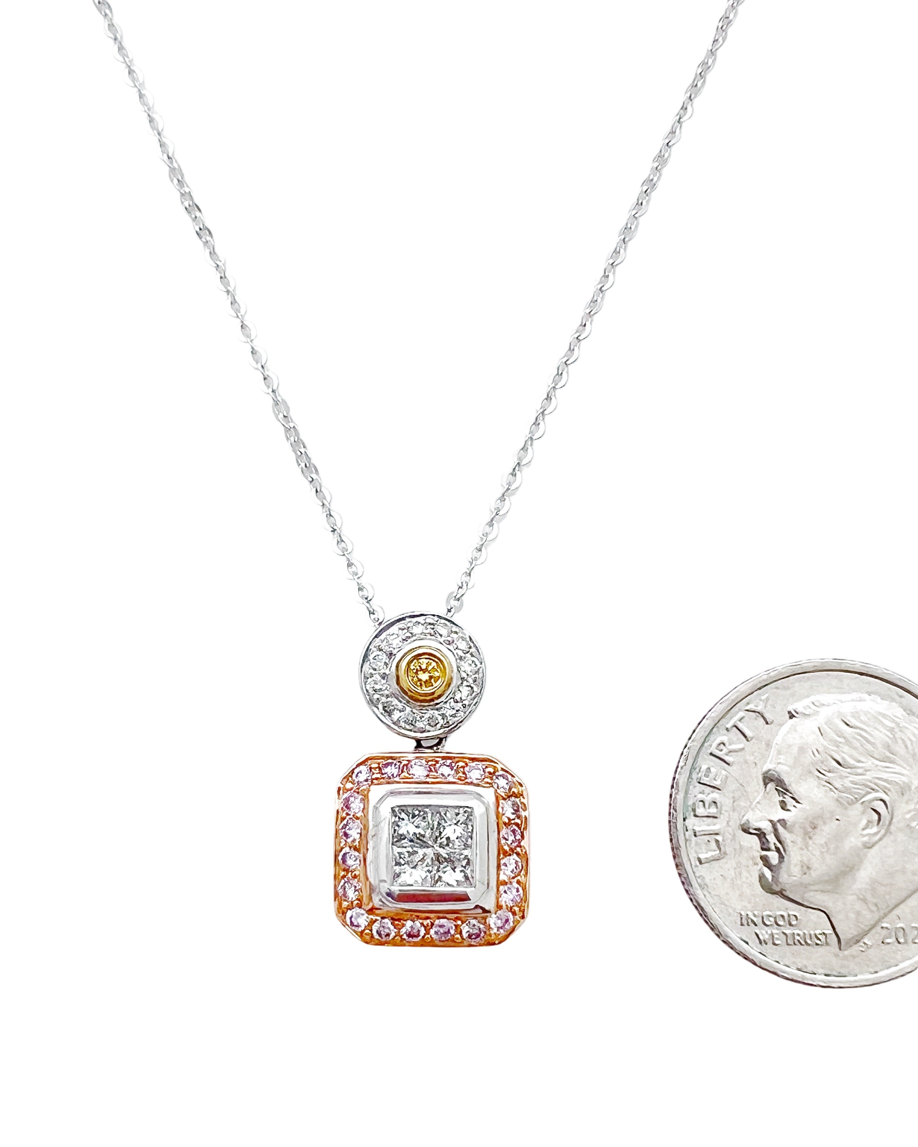 0.75 Carats Diamonds VS2 & 0.25 Carats Pink Diamonds & .03 Carats Yellow Diamonds Set In 18 Karat White Rose & Yellow Gold Pendant With Rolo Diamond-Cut Chain 18 Inches