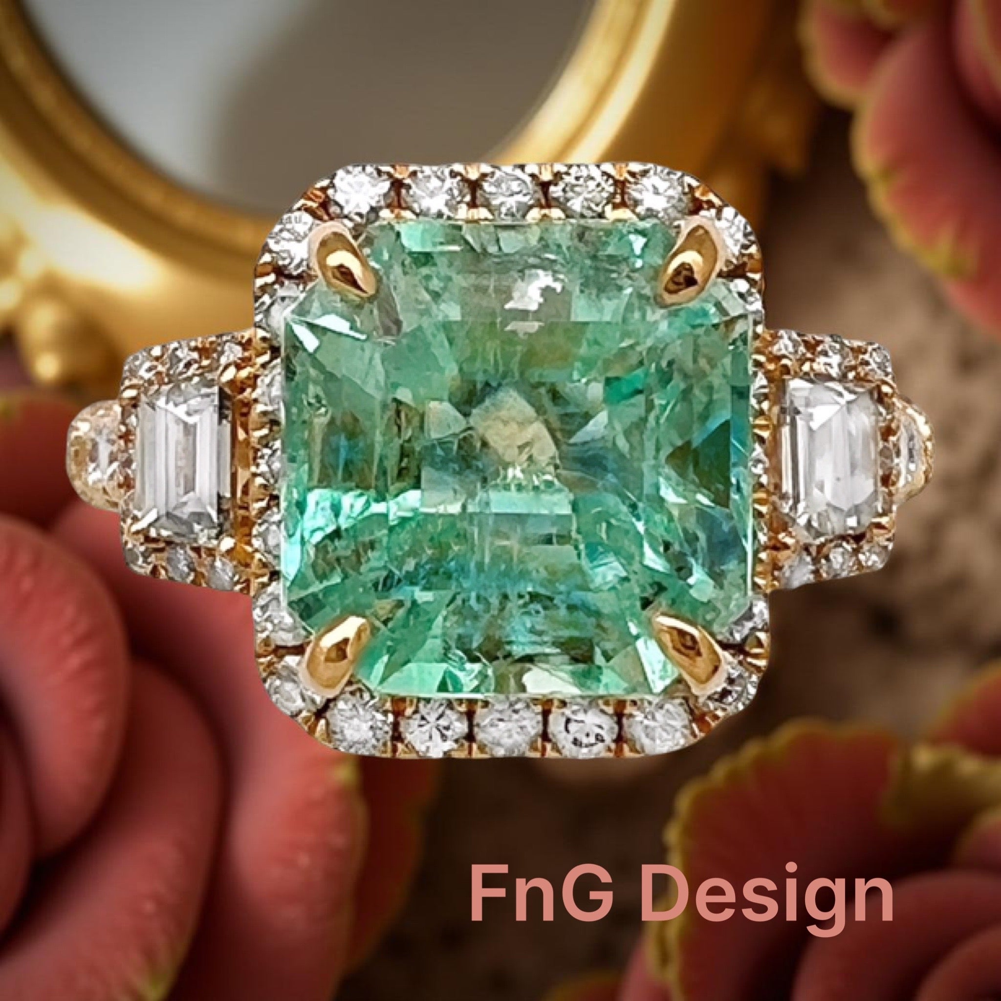 4.19 Carats Colombian Emerald No Oil (Certified) & 1.13 Carats Diamonds VS2 Set In 14 Karat Yellow Gold Ring