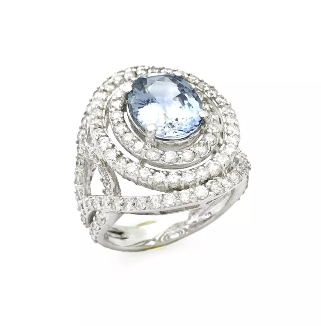3.86Cts Sapphire Unheated(Lite Violetish-Blue) 2.65Cts Diamond 14K White Gold Ring