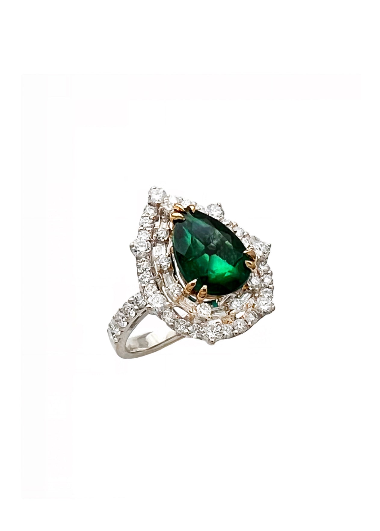 2.10 Carats Trapiche Colombian Emerald, No-Oil (Certified) & 1.28 Carats Diamonds VS2 Set 18K White & Yellow Gold Ring