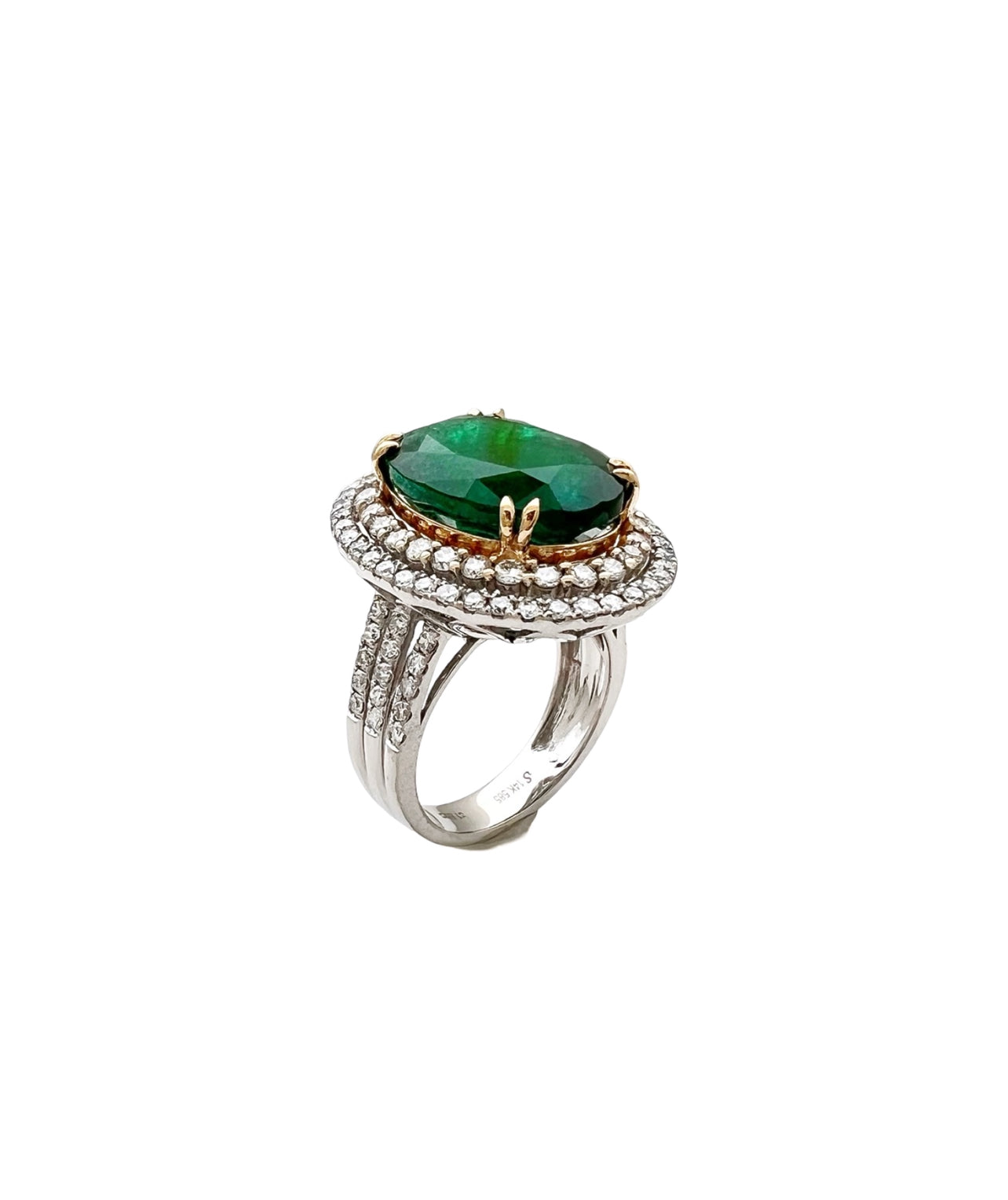 10.21 Carats Brazilian Emerald F2 (Certified) & 2.03 Carats Diamonds Double Halo Ring – 14K White & Yellow Gold Ring