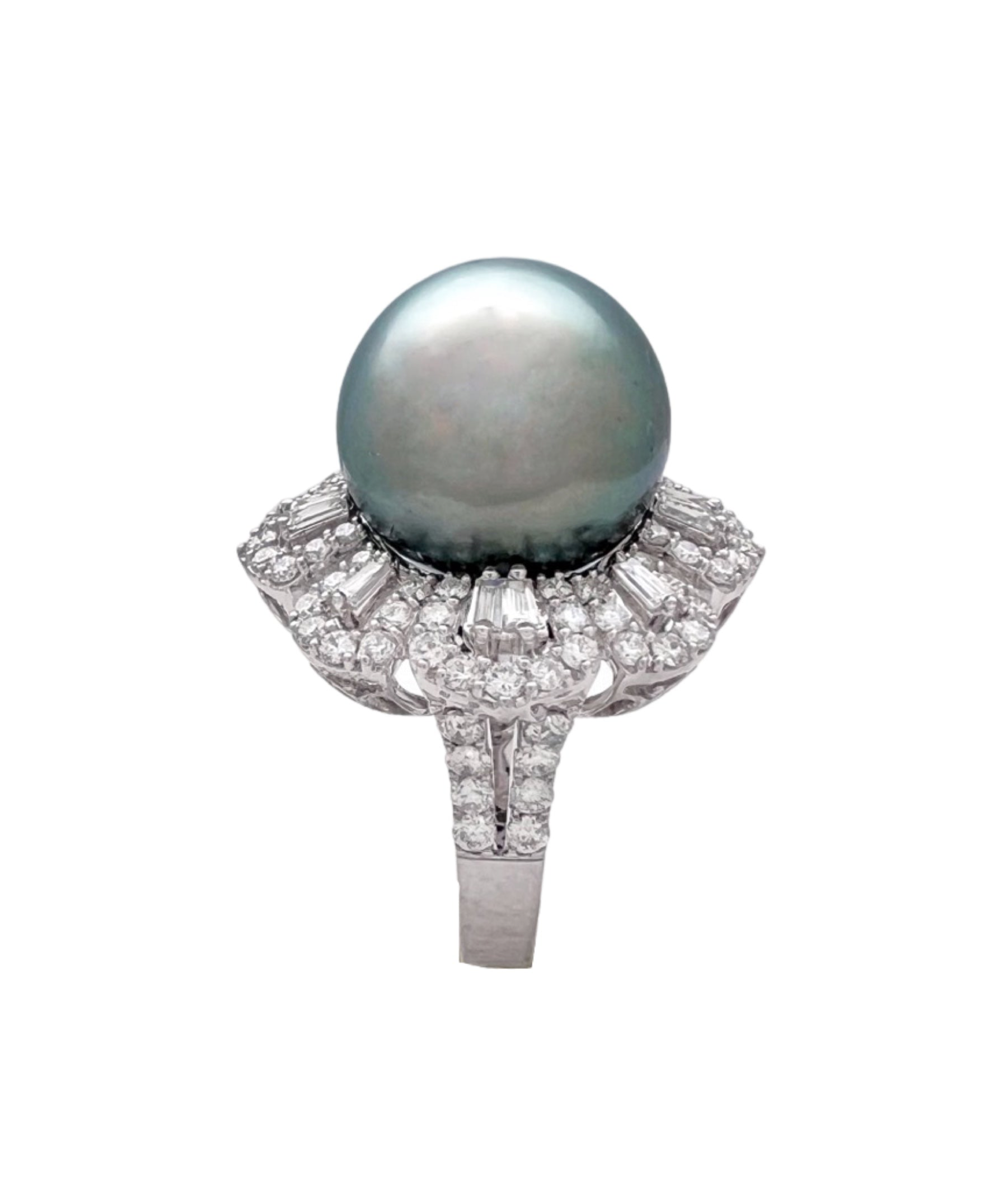 14.2MM Tahitian Pearl (Certificated) & 2.04 Cts Diamonds Set In 18K White Gold Ring