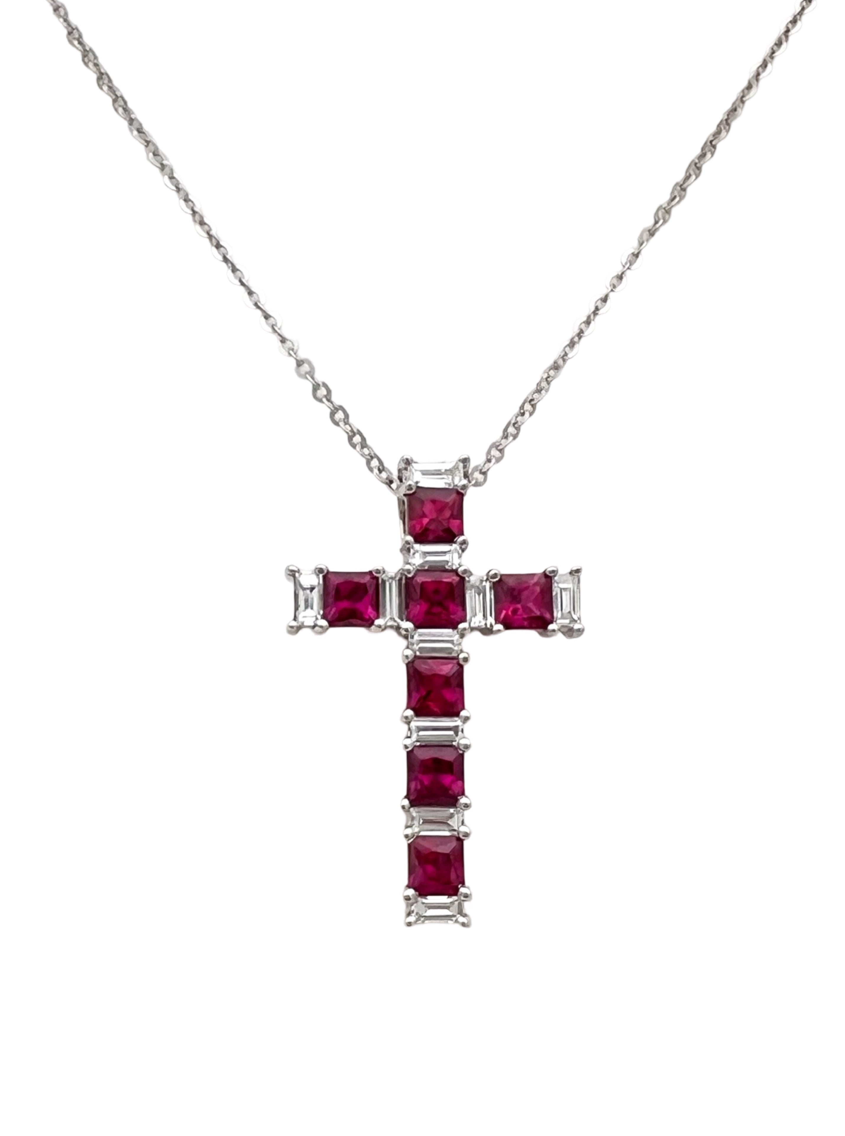 1.08Cts Rubies Burma(Certified) & 0.38Cts Diamonds 14K White Gold Cross W/Chain