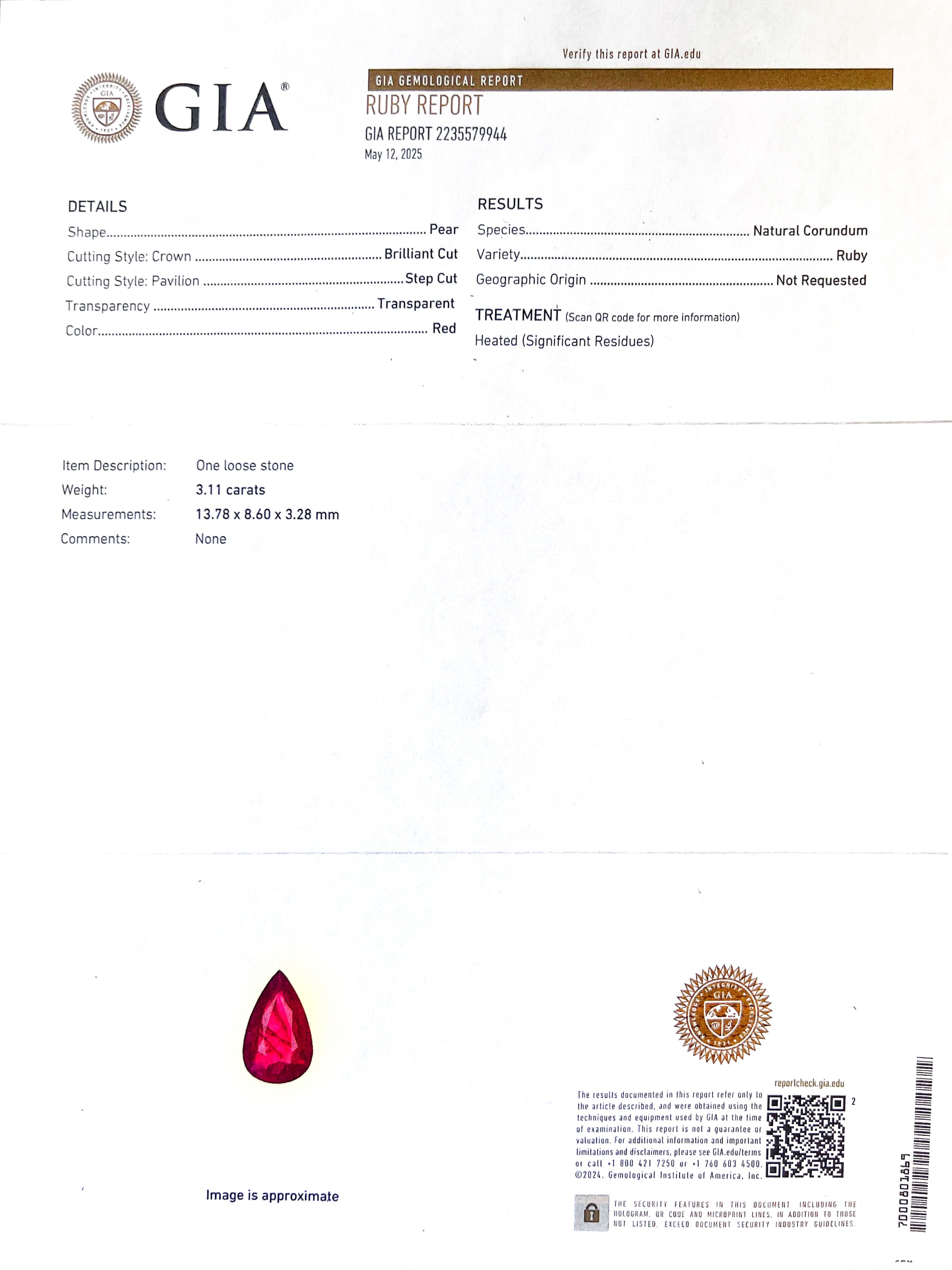 3.11 Carats Ruby Heated GIA (Certified) & 0.51 Carats Diamonds VS2 Set In 14 Karat White Gold Pendant With 14 Karat Chain 18 Inches