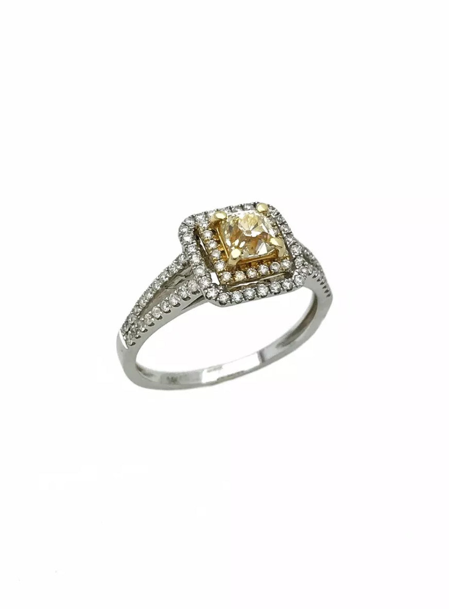 1.10 TCW (Ctr  0.51Ct)Natural Lt. Yellow Dia SI / White Dia 14K Wh/Yel Gold Ring