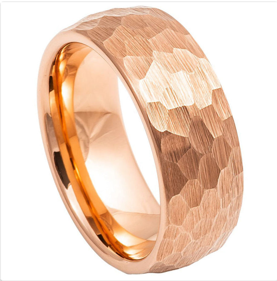 Rose Gold Tungsten Carbide 8mm ion Plating Dome Hammered Brushed Pipe-Cut Ring