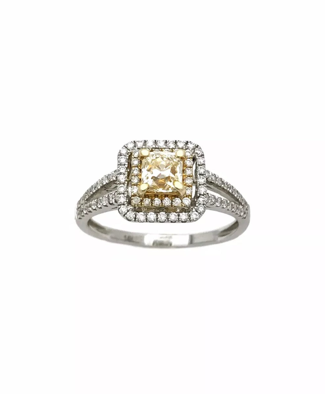 1.10 TCW (Ctr  0.51Ct)Natural Lt. Yellow Dia SI / White Dia 14K Wh/Yel Gold Ring