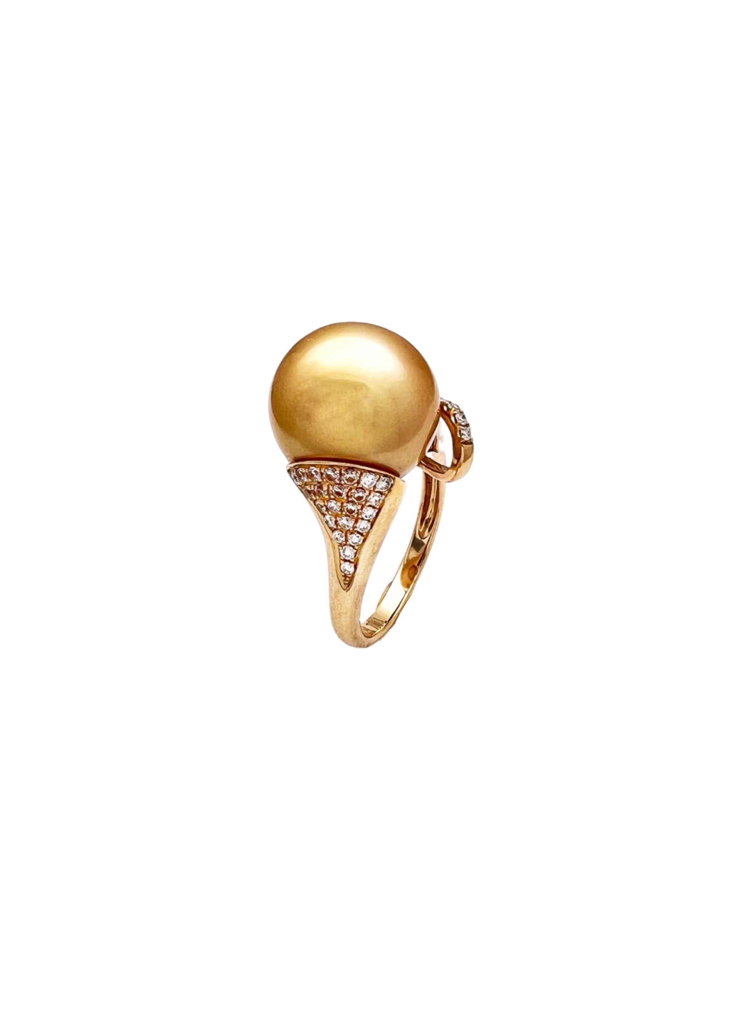 13.9MM Golden South Sea Pearl Certified & 0.31 CTS Diamonds Set In 18 Karat Yellow Gold Ring