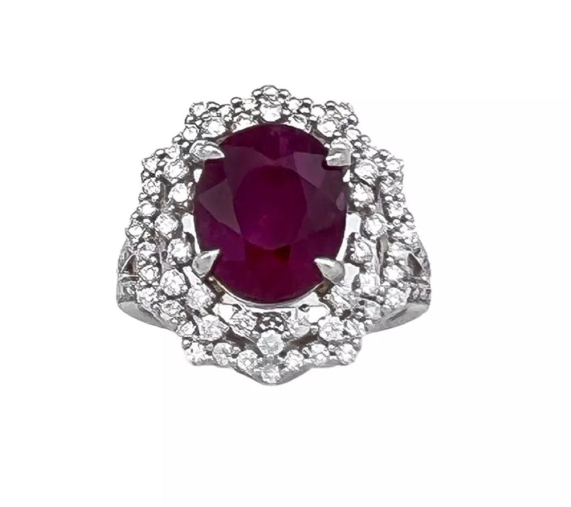 4.842 Cts Ruby Burma (Certified) and 1.43 Cts Diamond 14K White Gold Ring