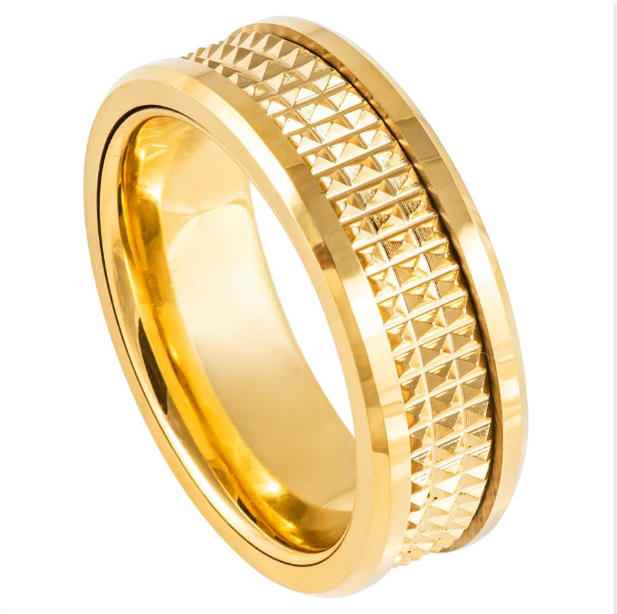 Gold Tungsten Carbide 8mm ion Plating Geometric Knurled Patterns hi-Polished Ring Double Bevel Edges