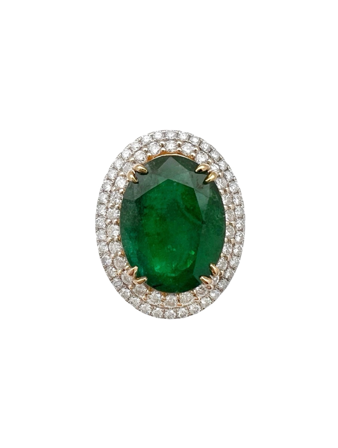 10.21 Carats Brazilian Emerald F2 (Certified) & 2.03 Carats Diamonds Double Halo Ring – 14K White & Yellow Gold Ring