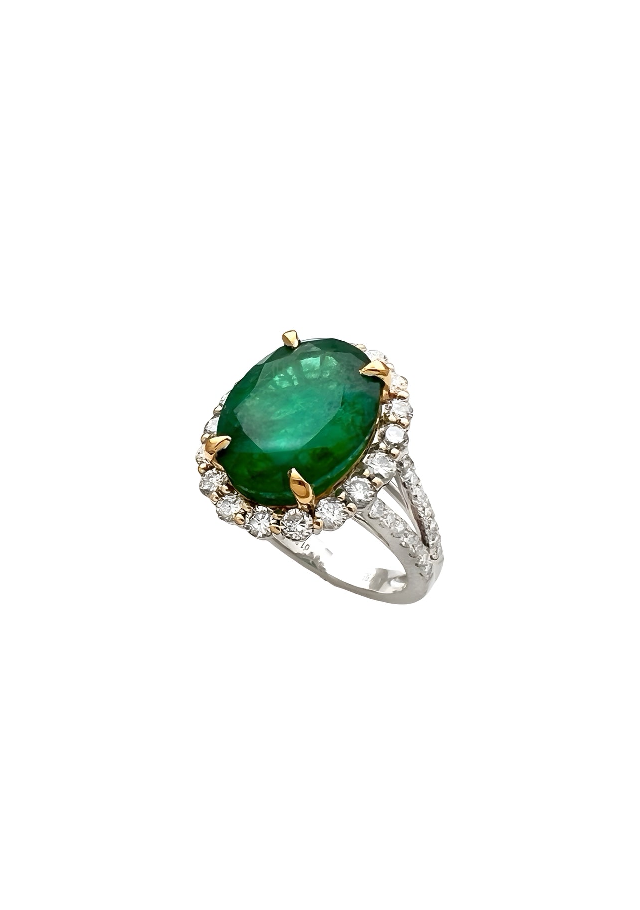6.47 Carats Brazilian Emerald F1 (Certified) & 1.44 Carats Diamond Halo Ring – 14K white & Yellow Gold Ring