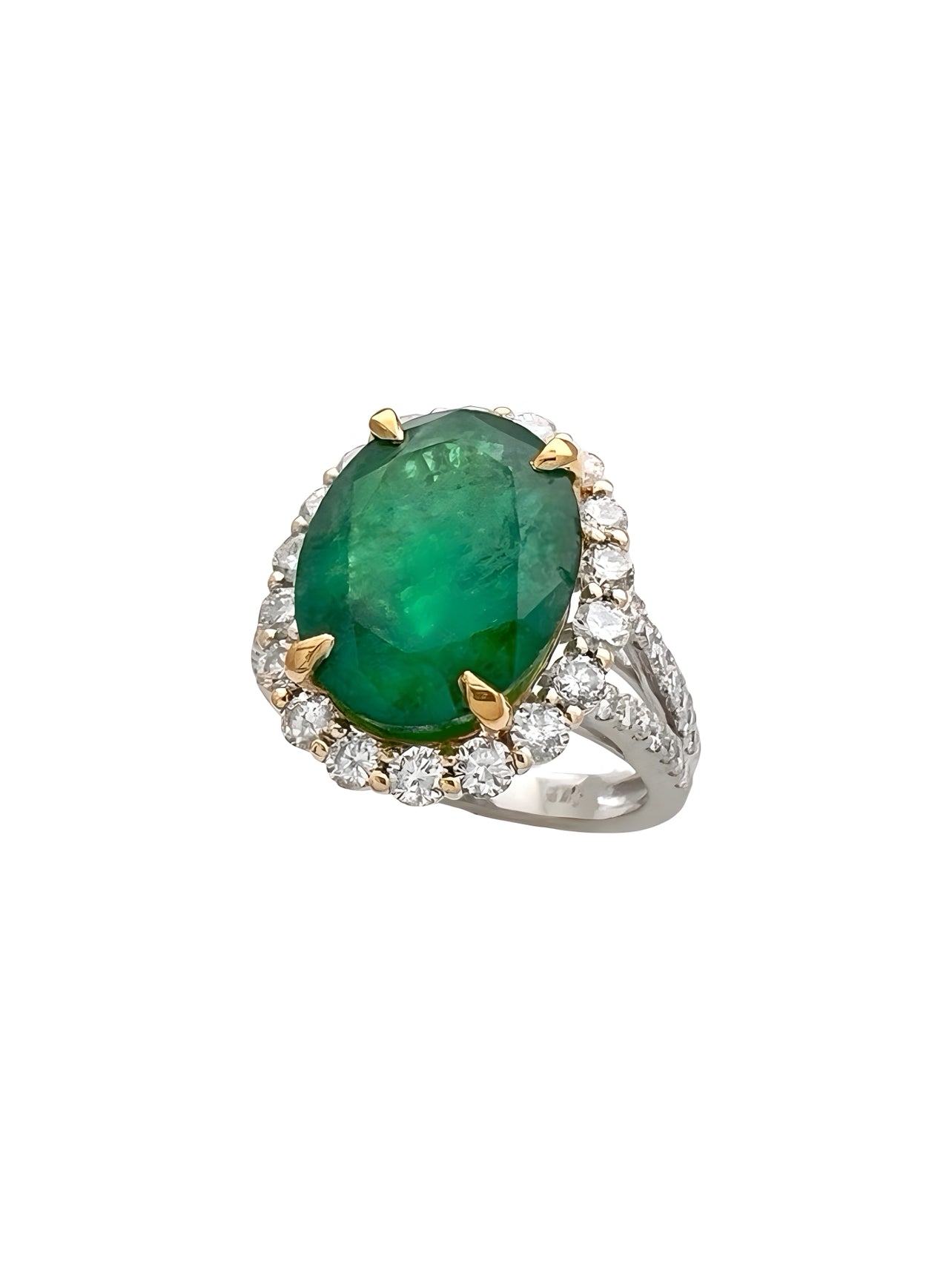 6.47 Carats Brazilian Emerald F1 (Certified) & 1.44 Carats Diamond Halo Ring – 14K white & Yellow Gold Ring