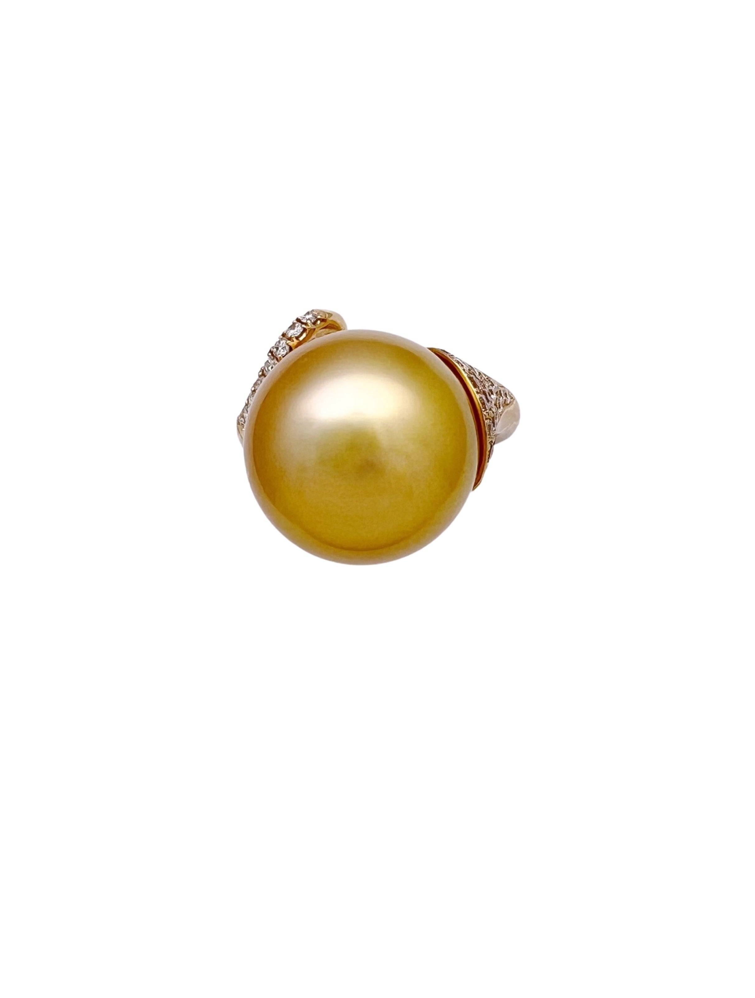 13.9MM Golden South Sea Pearl Certified & 0.31 CTS Diamonds Set In 18 Karat Yellow Gold Ring