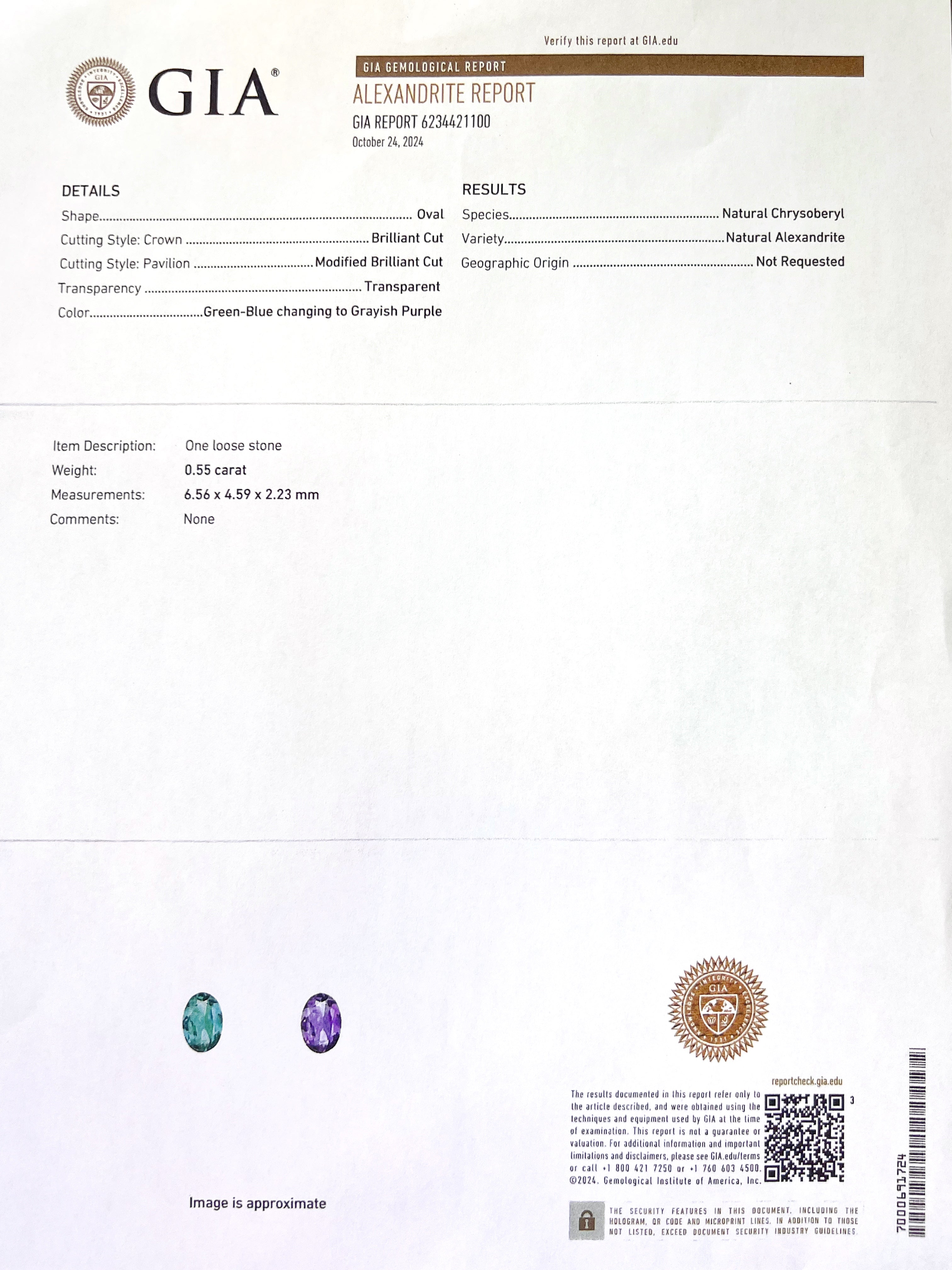 0.55 Carats Alexandrite GIA (Certified) & 0.94 Carats Diamonds Set In 18K white Gold Ring