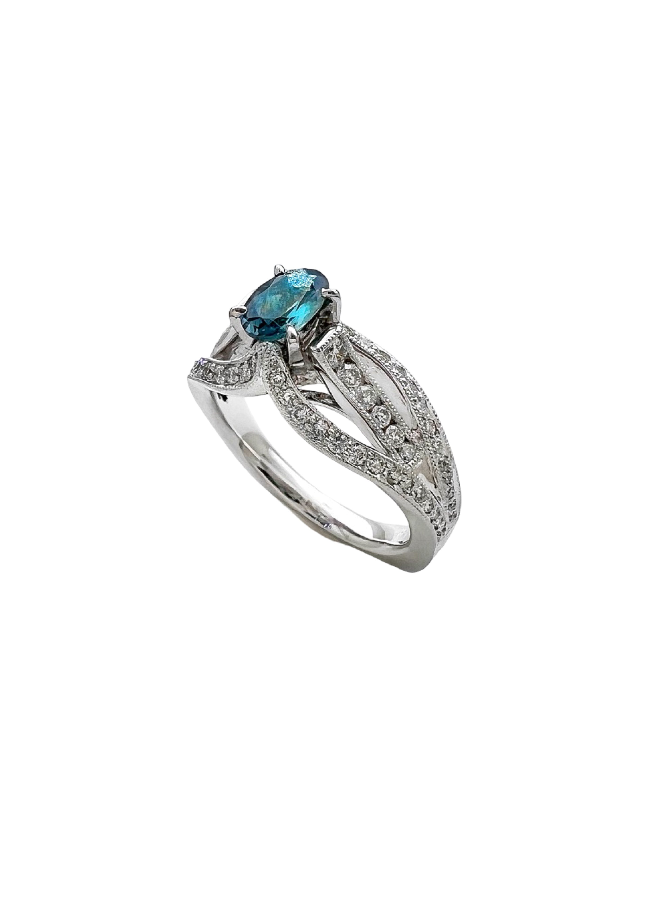 0.55 Carats Alexandrite GIA (Certified) & 0.94 Carats Diamonds Set In 18K white Gold Ring
