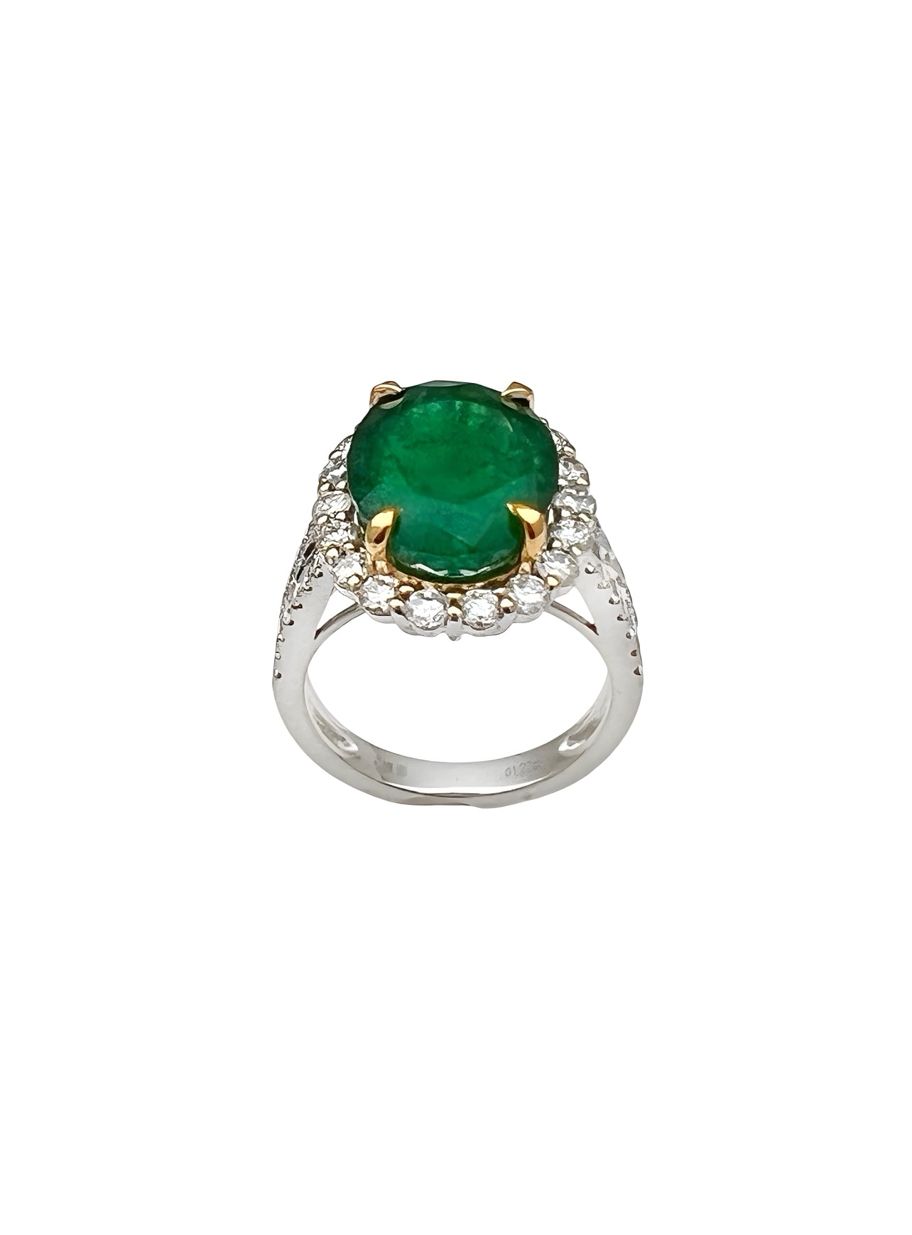6.47 Carats Brazilian Emerald F1 (Certified) & 1.44 Carats Diamond Halo Ring – 14K white & Yellow Gold Ring