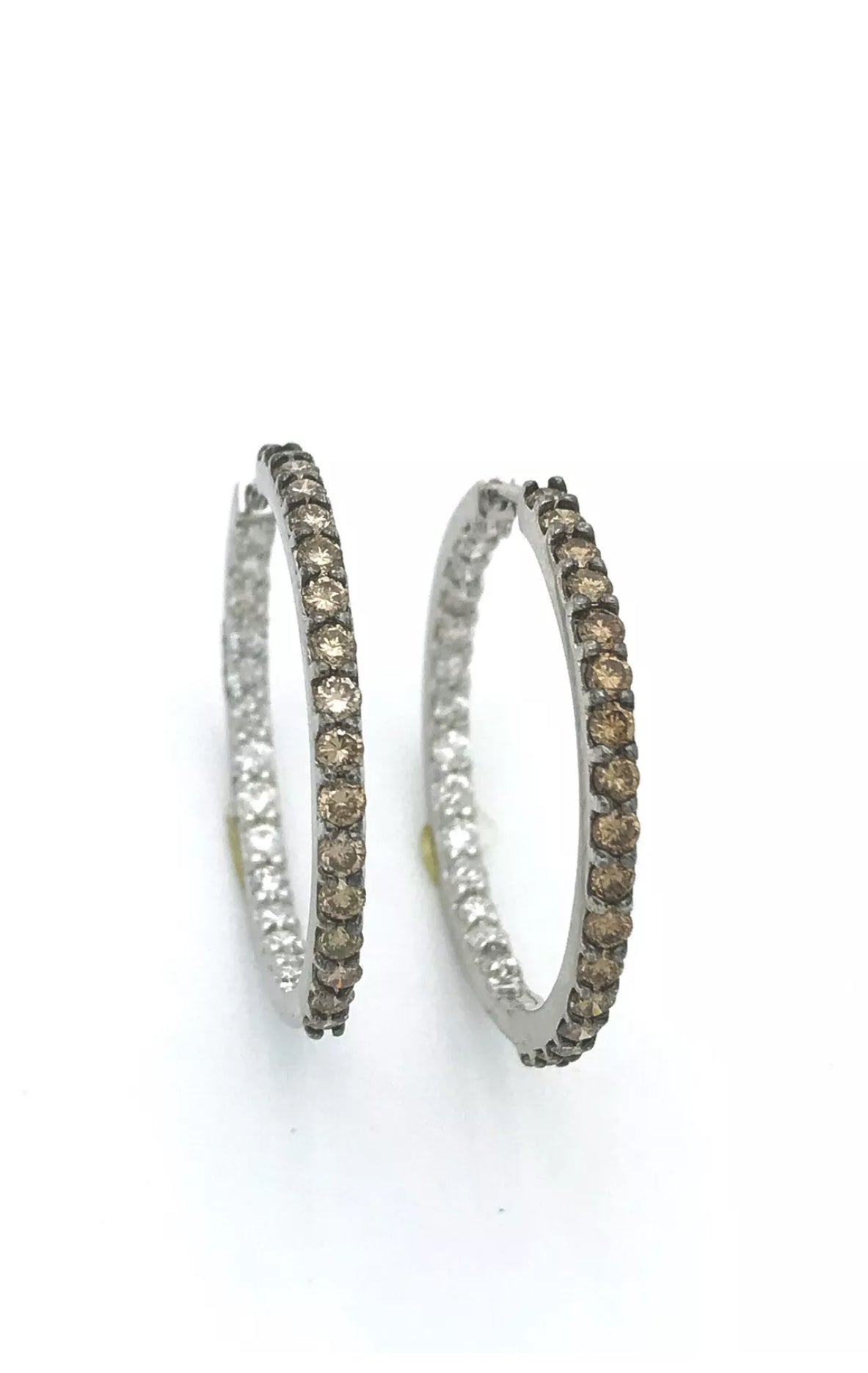 2.07 Total Carat Weight Diamonds Wht-Choc (IN-Out)14K White Gold Hoop Earrings