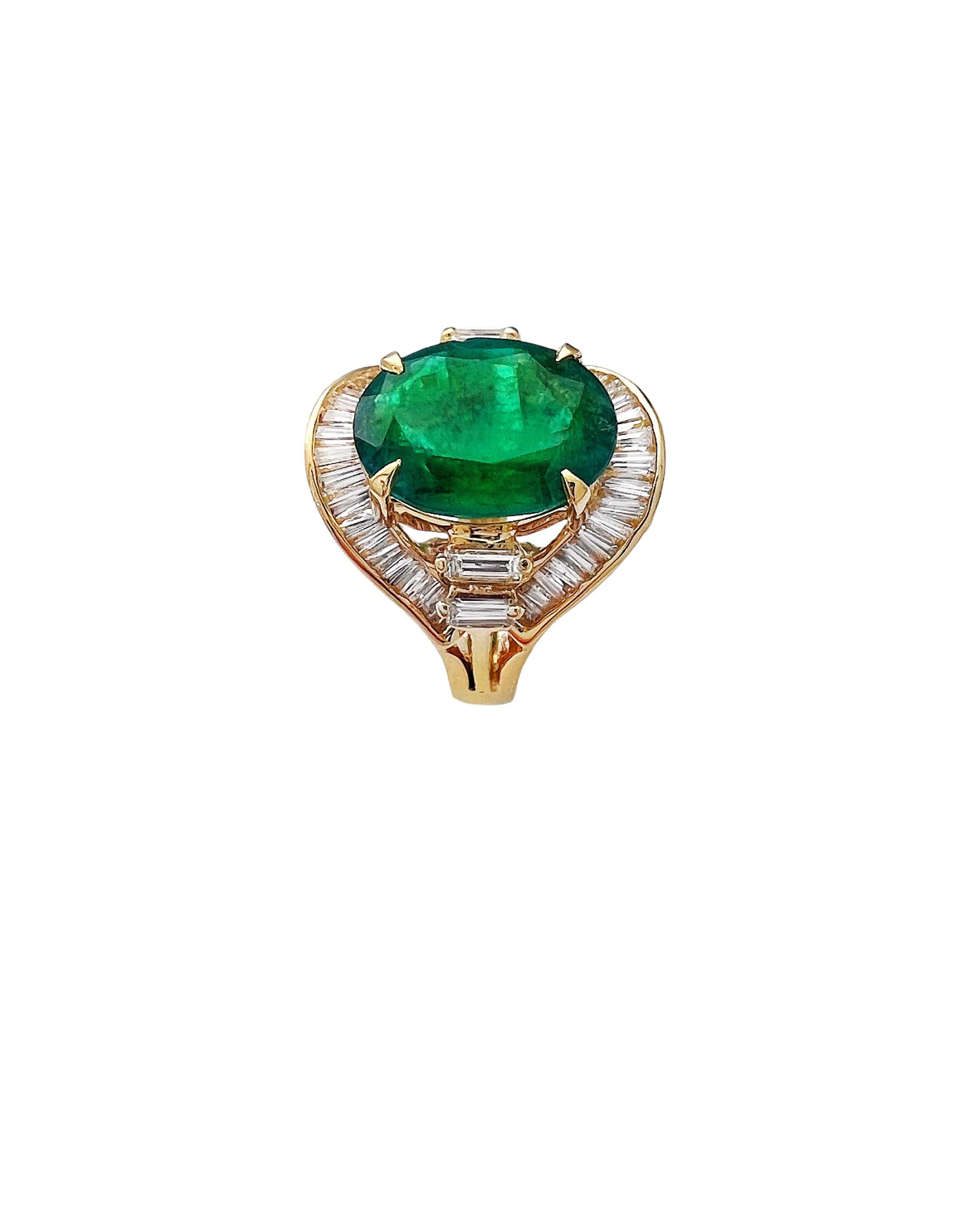 6.32 Carats Brazilian Emerald F2 (Certified) & 1.85 Carats Diamond VS2 Set In 14 Karat Yellow Gold Ring