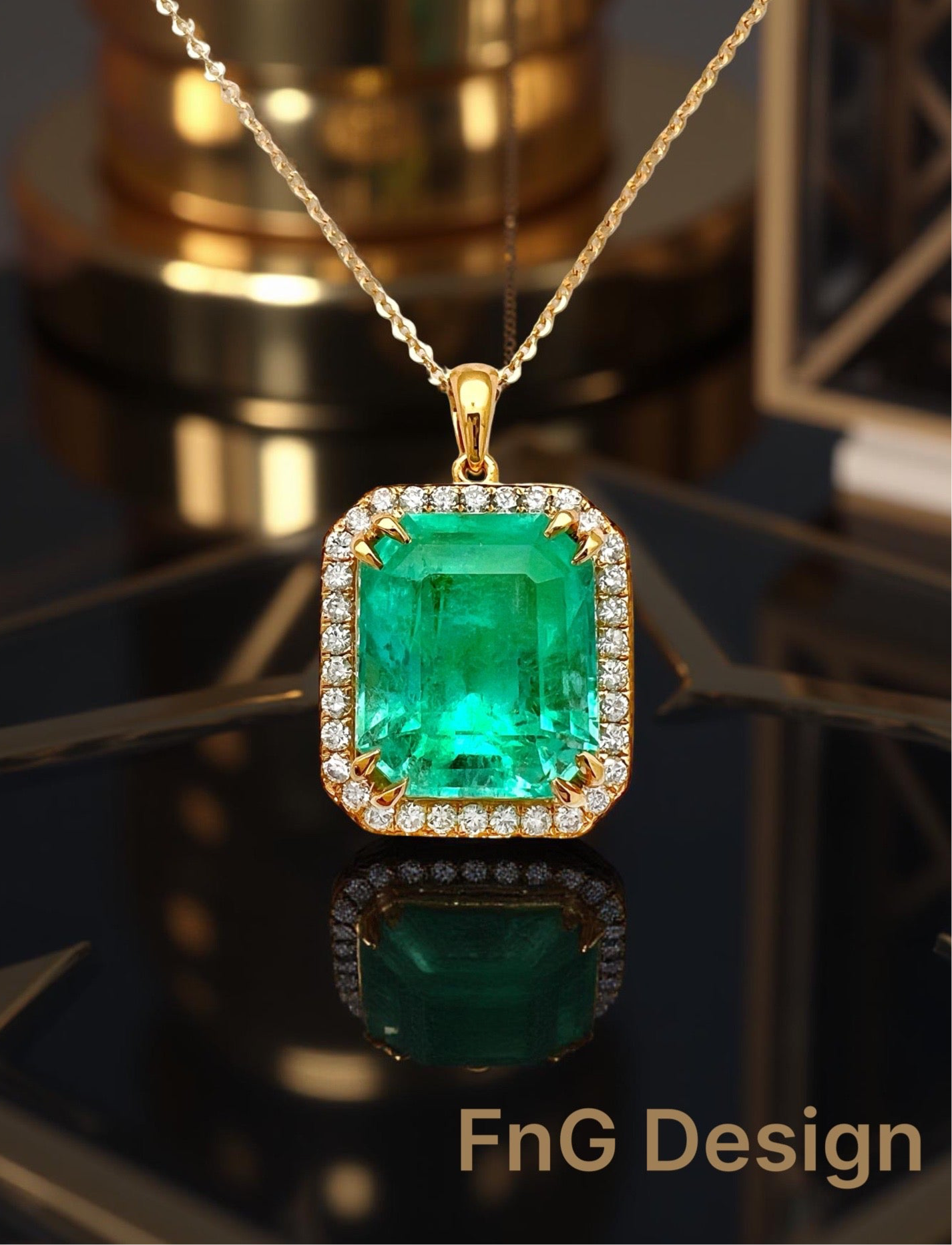 8.95 Carats Colombian Emerald F1 GIA (Certified) & 0.55 Carats Diamonds Set In 14 Karat Yellow Gold. Includes 14 Karat Dia-Cut Chain 18” Adjustable 16”