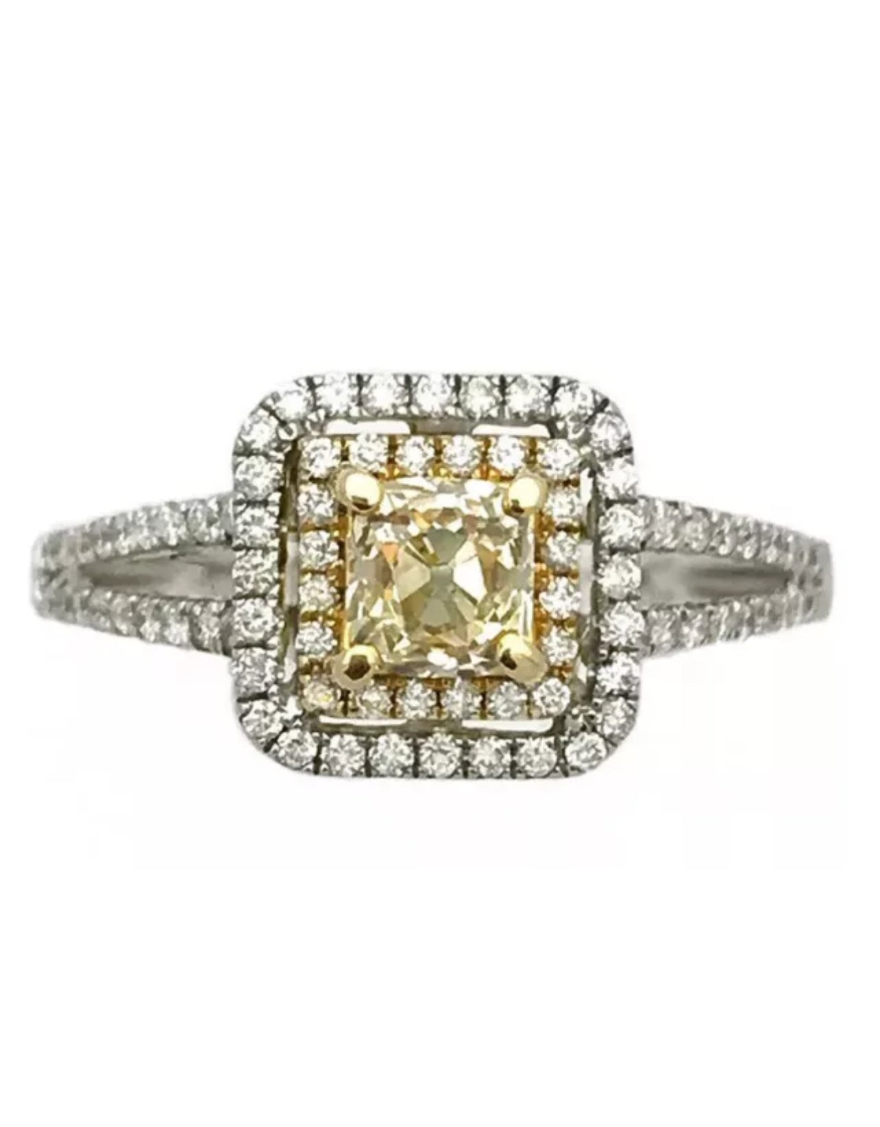 1.10 TCW (Ctr  0.51Ct)Natural Lt. Yellow Dia SI / White Dia 14K Wh/Yel Gold Ring