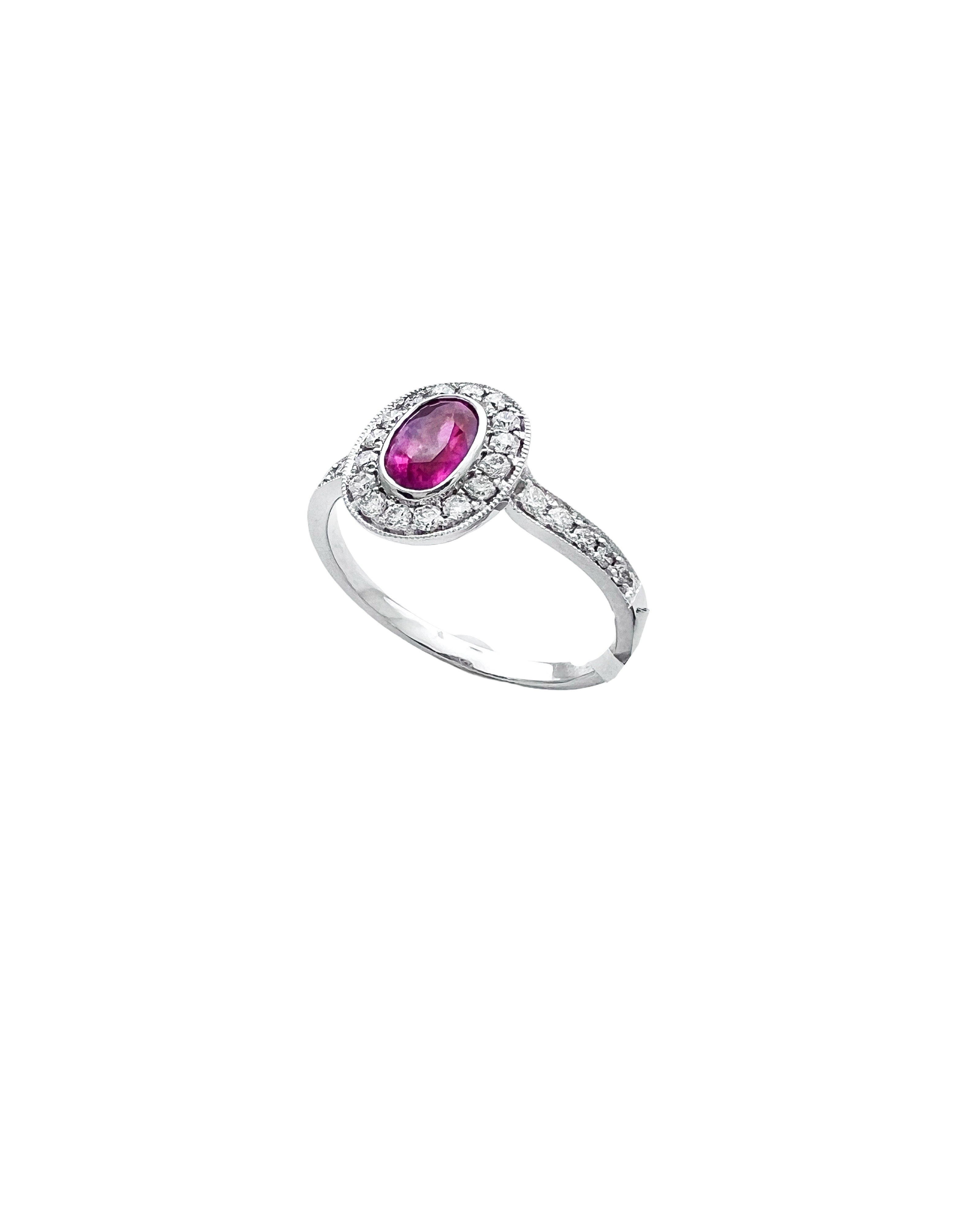 0.29 Carats Diamond VS2 & 0.76 Carats Red Ruby Set In 14 Karat White Gold Ring