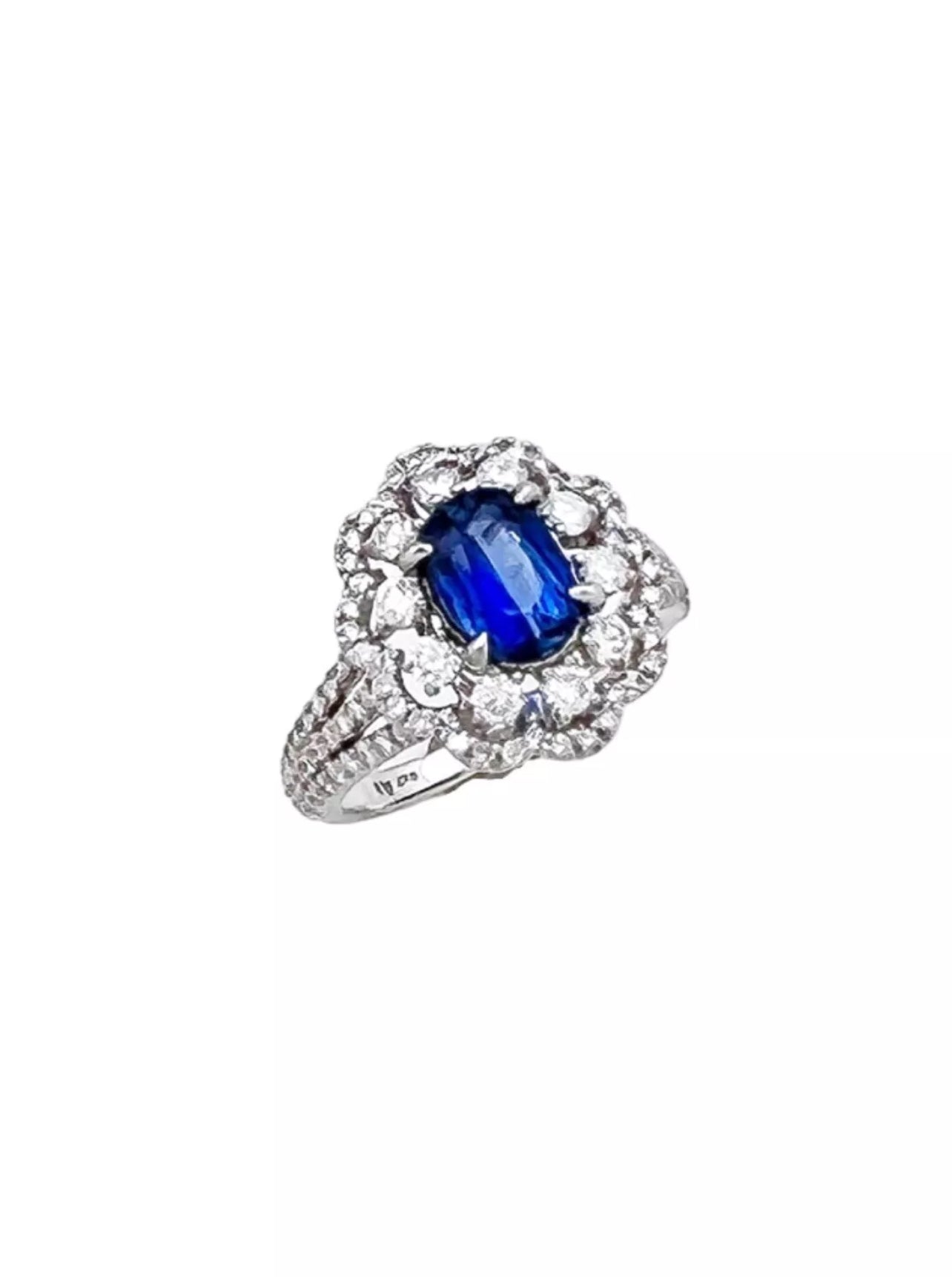 1.230 Carats Light-Dark Blue Ceylon Sapphire GIA (Certified) W/ 1.42 Carats Diamonds, 18K White Gold Ring