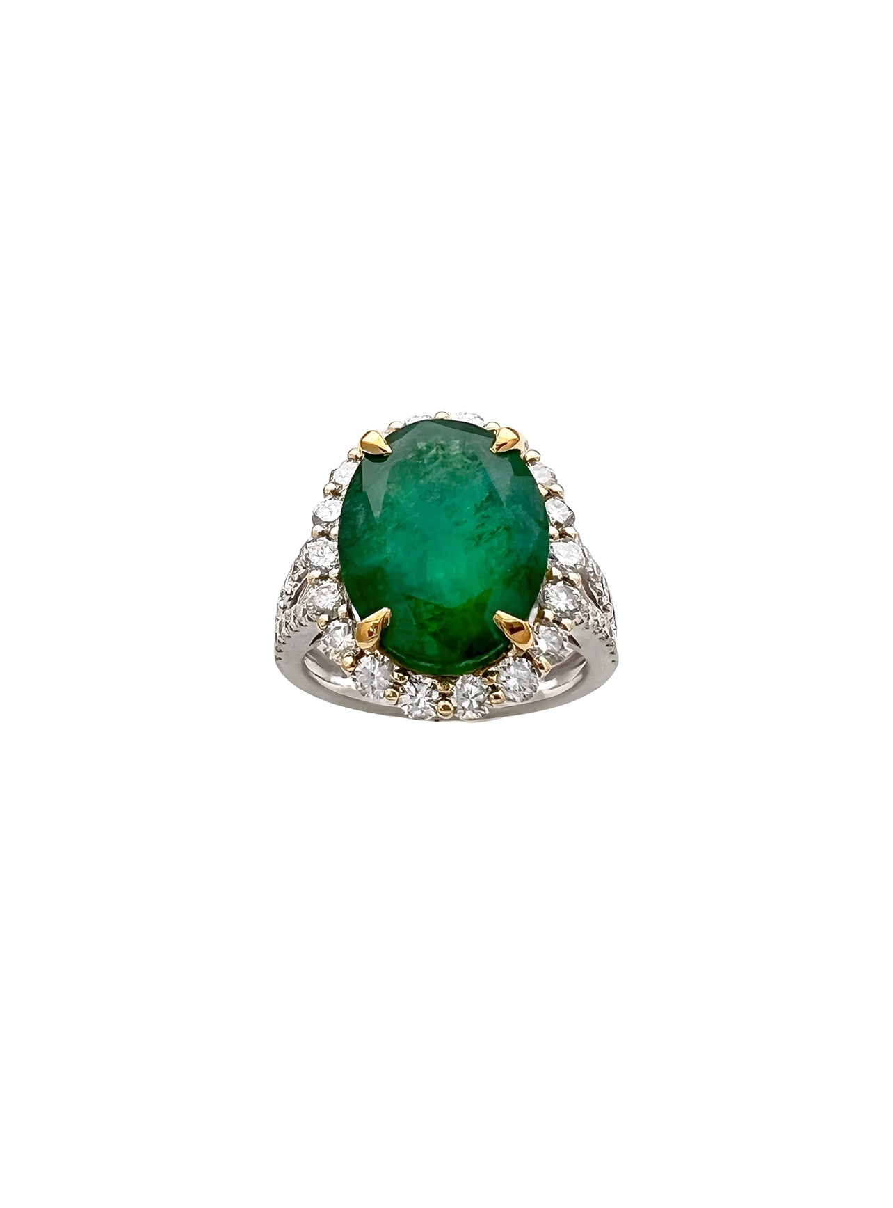 6.47 Carats Brazilian Emerald F1 (Certified) & 1.44 Carats Diamond Halo Ring – 14K white & Yellow Gold Ring