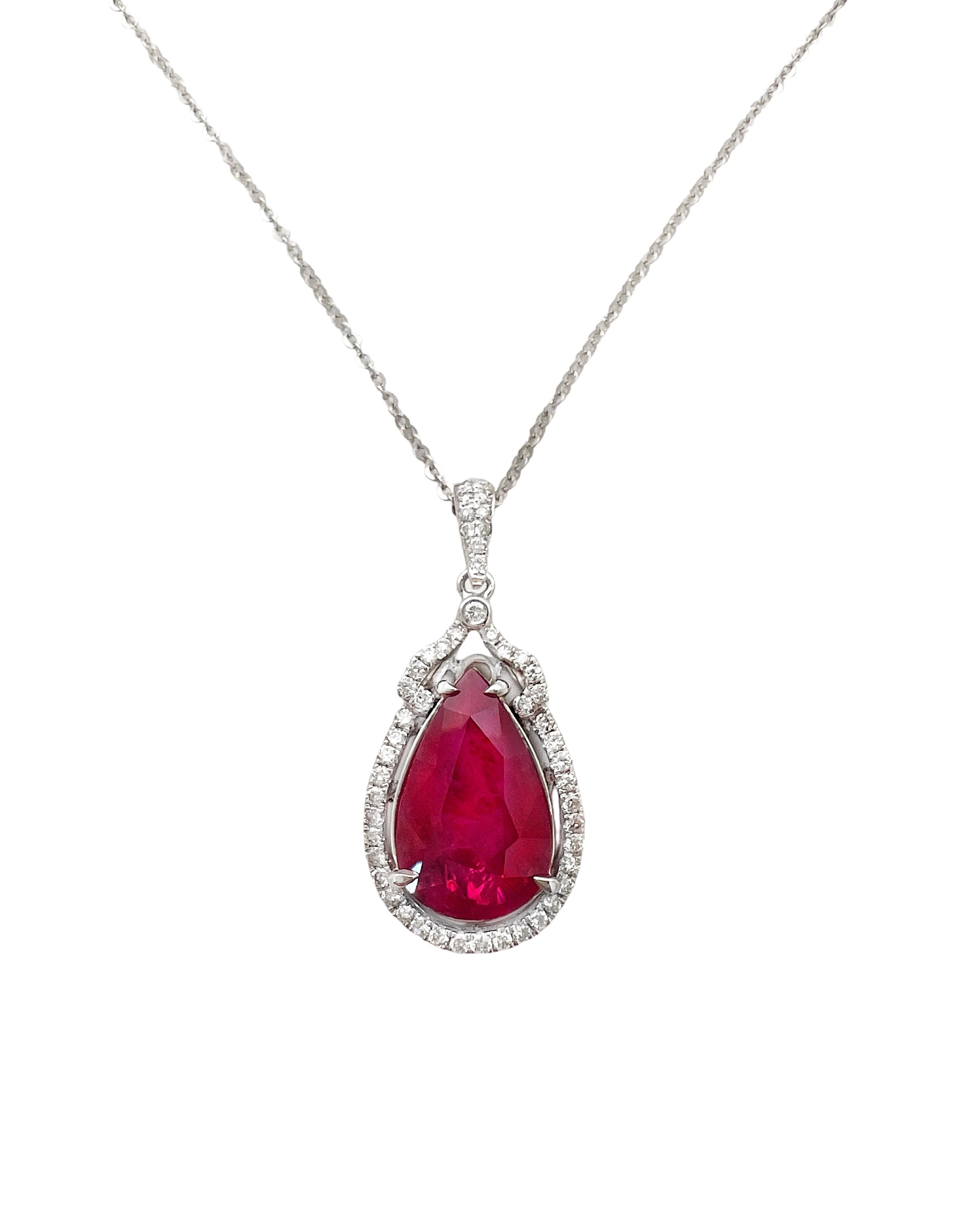 3.11 Carats Ruby Heated GIA (Certified) & 0.51 Carats Diamonds VS2 Set In 14 Karat White Gold Pendant With 14 Karat Chain 18 Inches