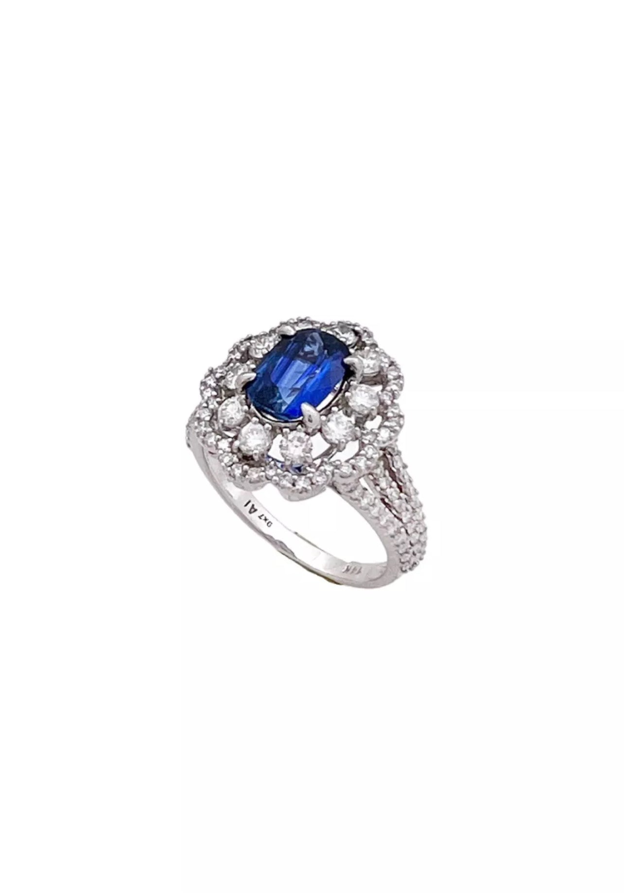 1.230 Carats Light-Dark Blue Ceylon Sapphire GIA (Certified) W/ 1.42 Carats Diamonds, 18K White Gold Ring