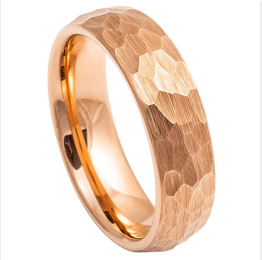 Rose Gold Tungsten Carbide 6mm ion Plating Dome Hammered Brushed Pipe-Cut Ring